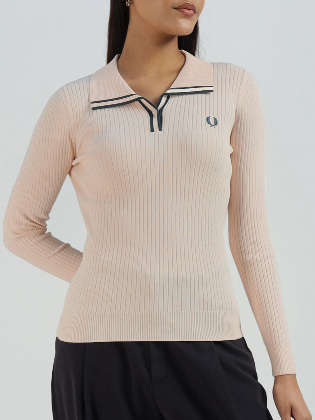 Fred Perry Women Peach Ribbed Knited Polo Shirt
