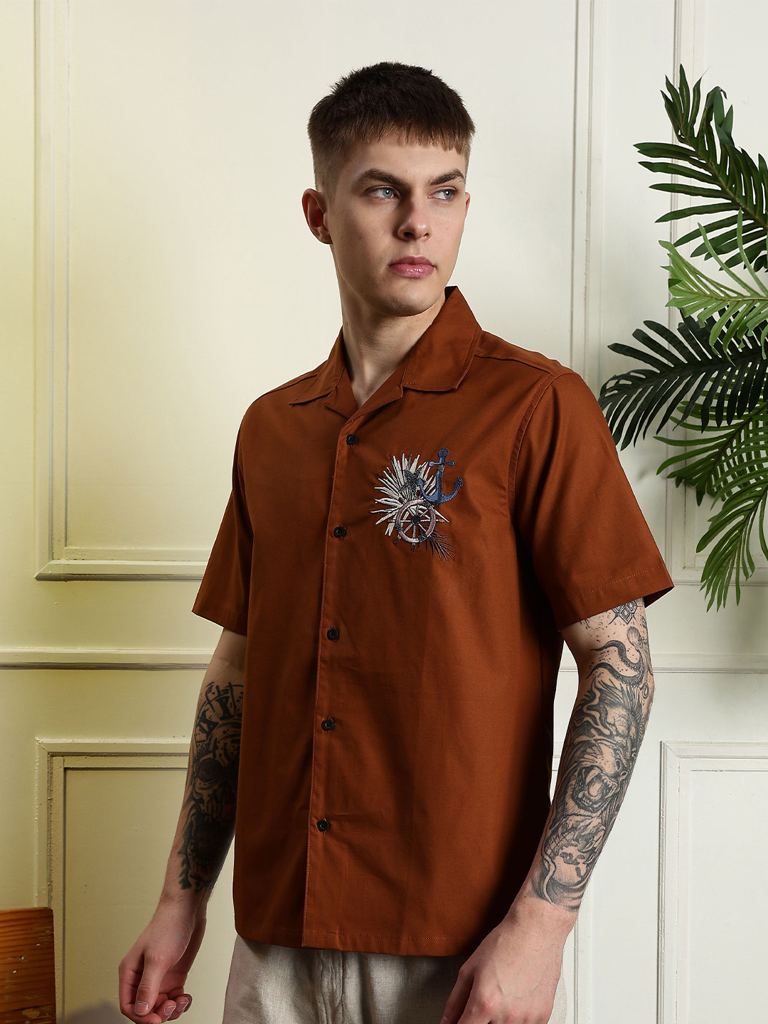 Eszett Anchor Embroidered Spread Collar Cotton Casual Shirt