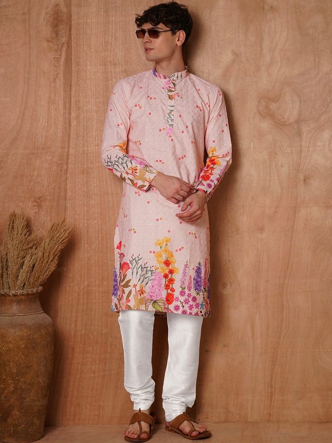 TRYBUY.IN Floral Printed Band Collar Chikankari Pure Cotton Kurta With Pyjama