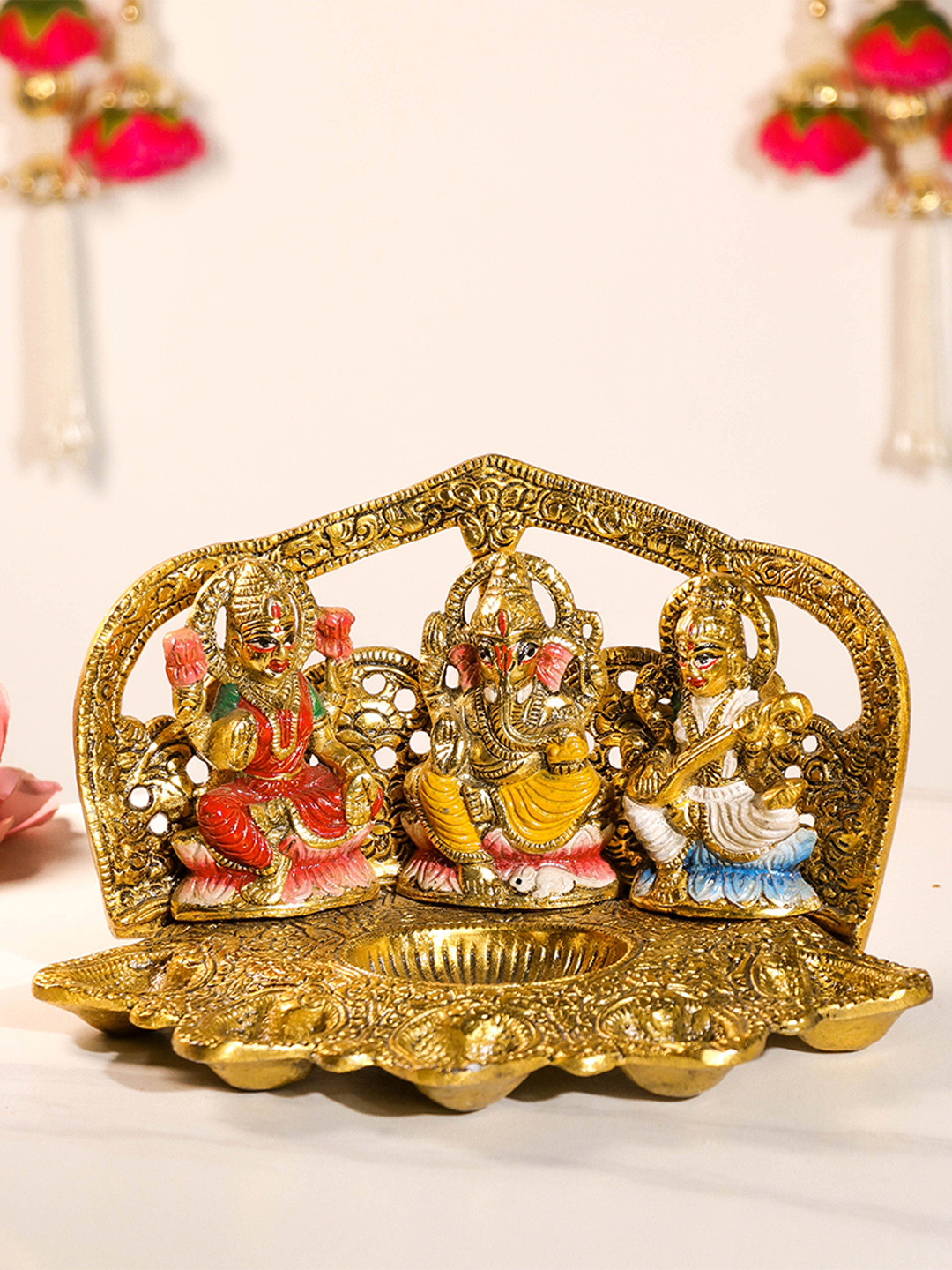 Art Street Metal Colorful Lakshmi Ganesh Saraswati Idol Set With 5 Diya Oil Lamp Base