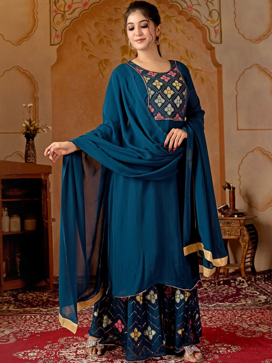 Maavish Women Ethnic Motifs Embroidered Kurta with Sharara & Dupatta