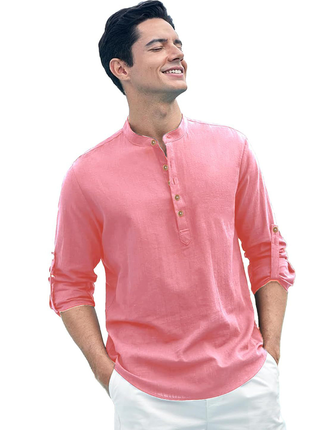 EdinWolf  Band Collor Roll-Up Sleeves Straight Short  Kurta