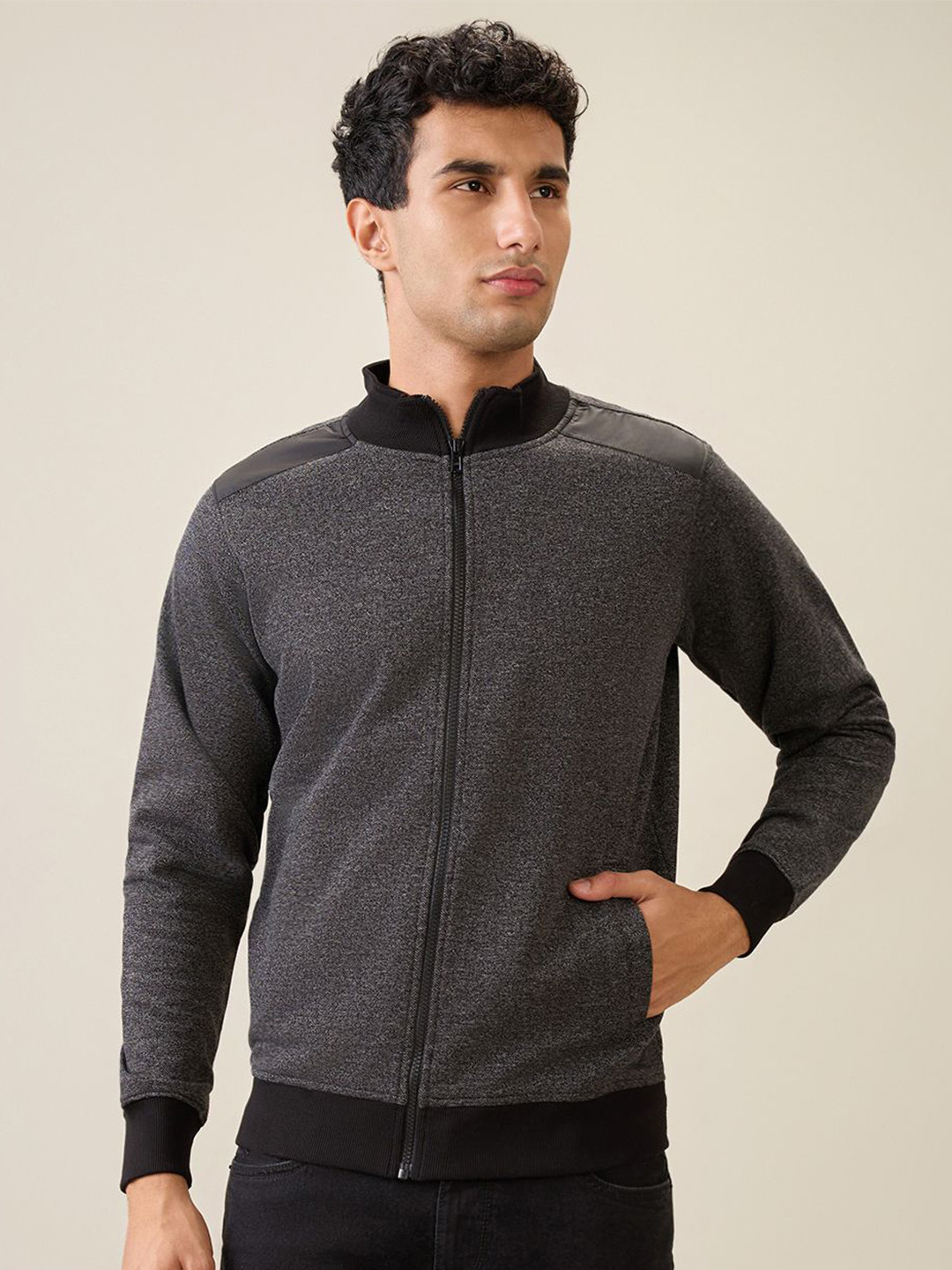 Parx Men Self Design Mock Collar Long Sleeve Zipper Open Front Jacket