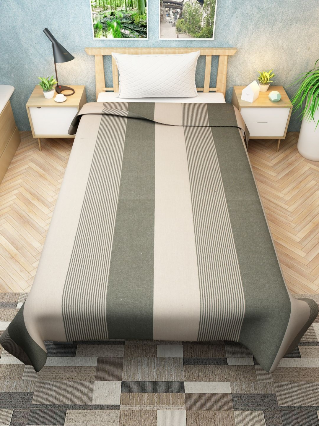 Athom Living Grey & Cream Striped Cotton 180 TC Single Bedsheet 1.45m x 2.24m