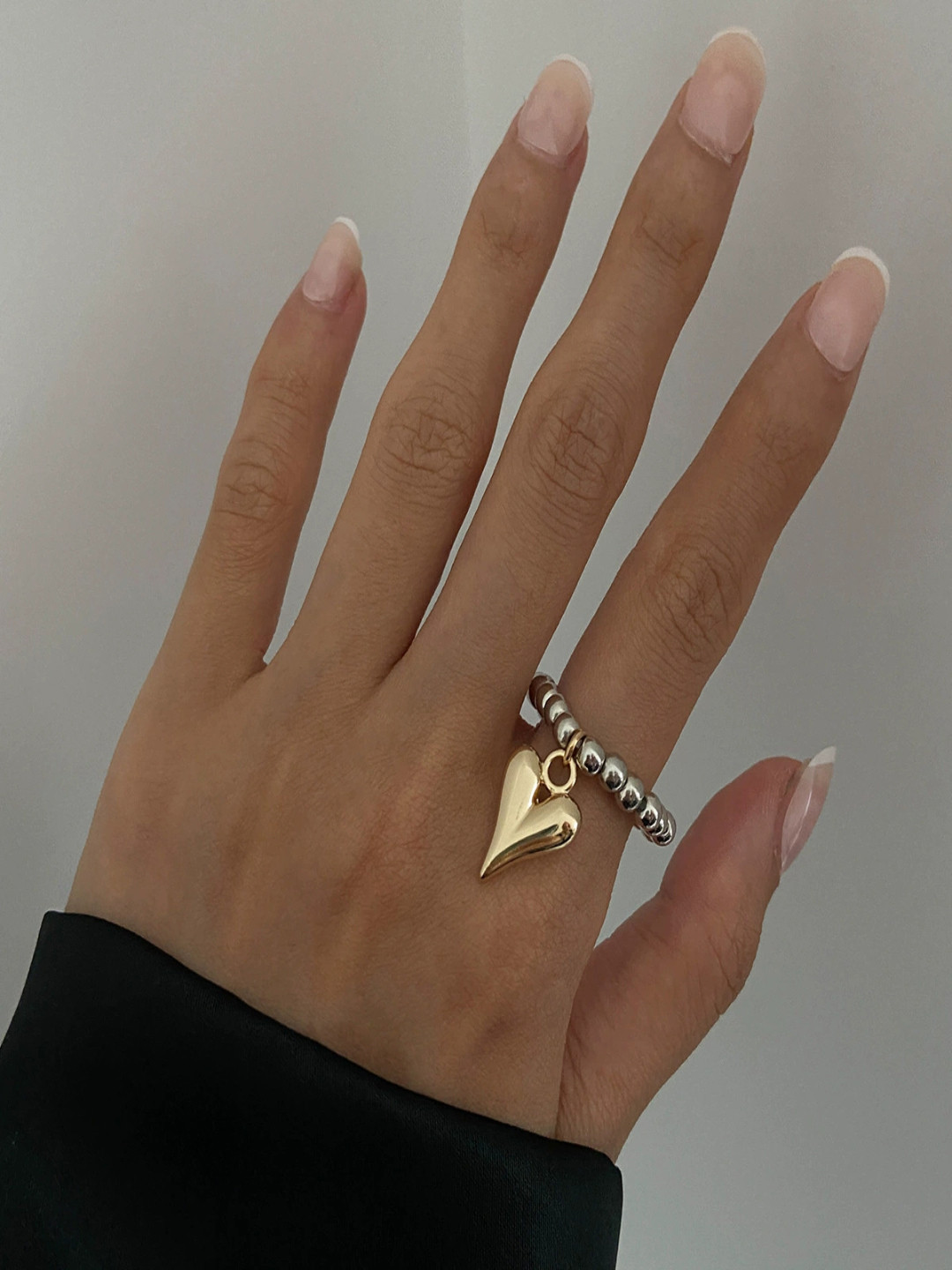 AQUASTREET Two-Tone Silver beads With Heart Drop Stretchable Elastic Ring