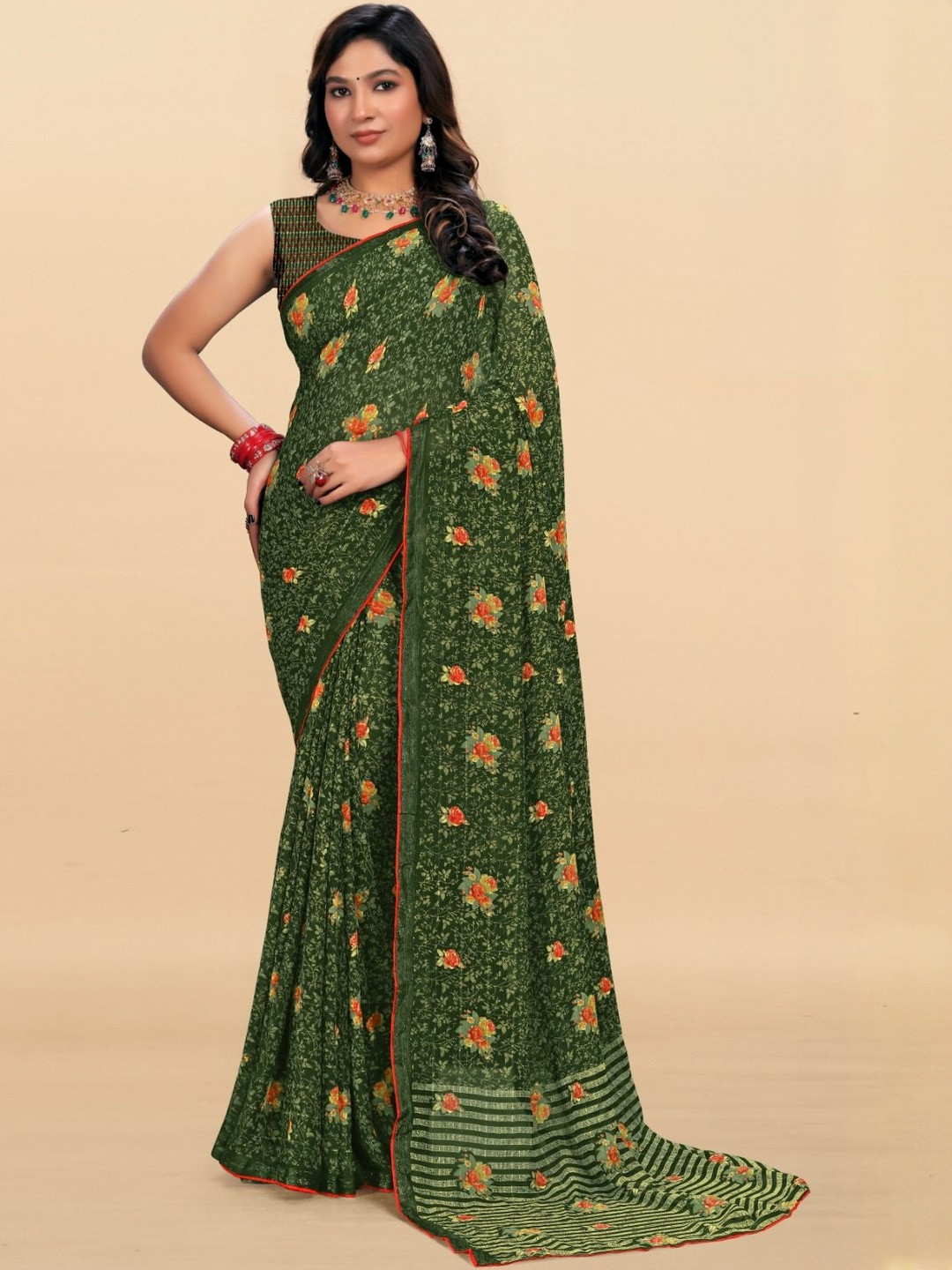 SHIVRUH Floral Printed Zari Pure Georgette Piping Border Saree
