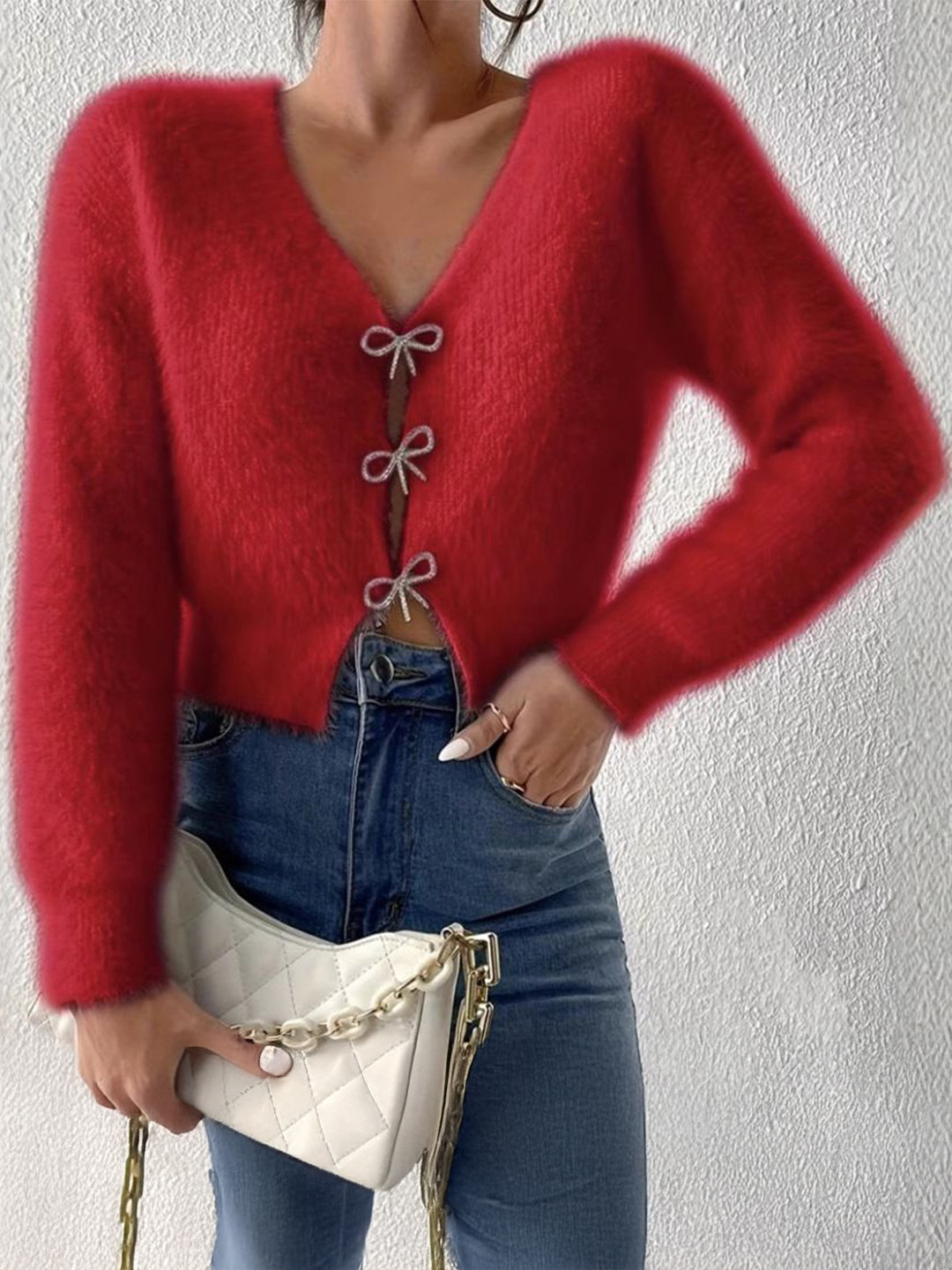 StyleCast Women Fuzzy Full Sleeve Crop Cardigan with Rhinestone Bow