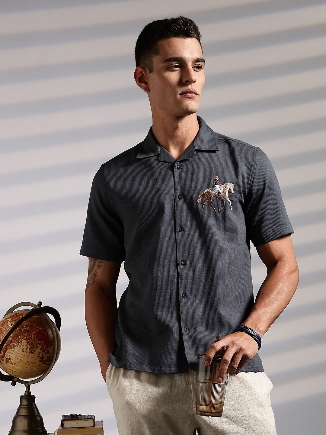 Eszett Race Horse Embroidered Spread Collar Oversized Cotton Casual Shirt