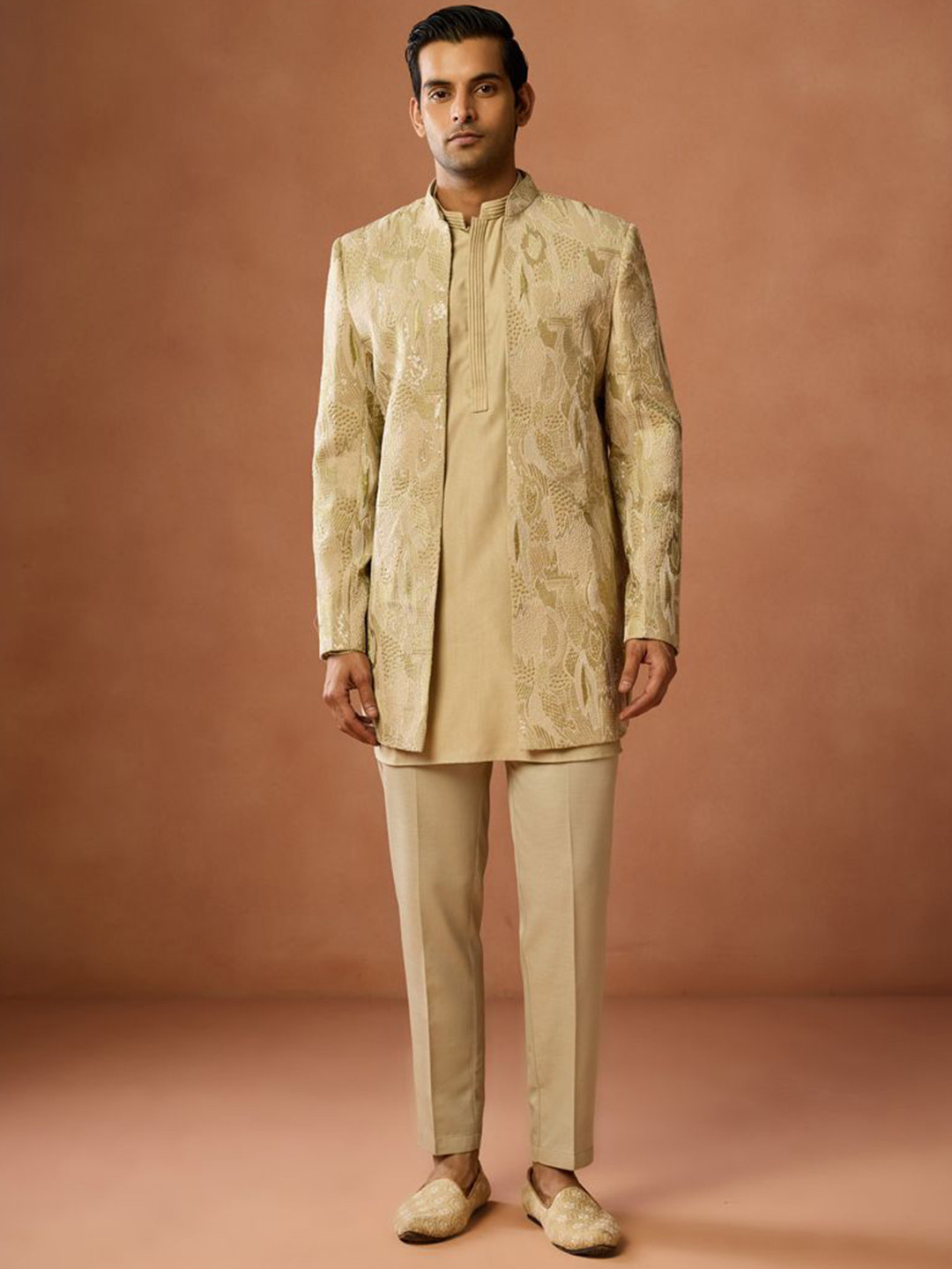 KISAH Men Mid Kurta Short indo western Sherwani Trouser Set Embroidered Sequins Work