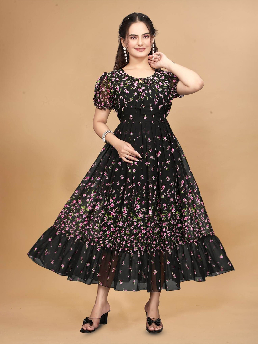 QENA Women Floral Print Puff Sleeve Fit & Flare Midi Dress
