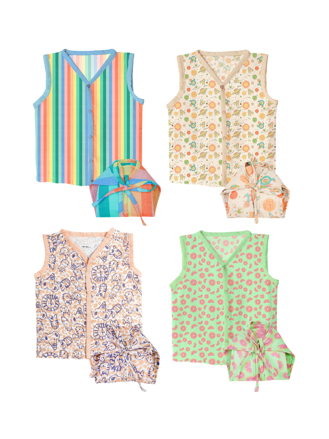 The Boo Boo Club Infants Kids Pack Of 4 Printed Cotton Jhabla & Nappy Set