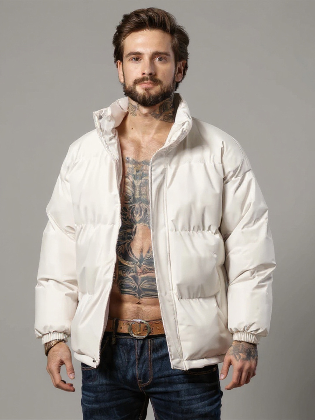 Mast & Harbour Men Off-White Stand Collar Long Sleeves Padded Jacket