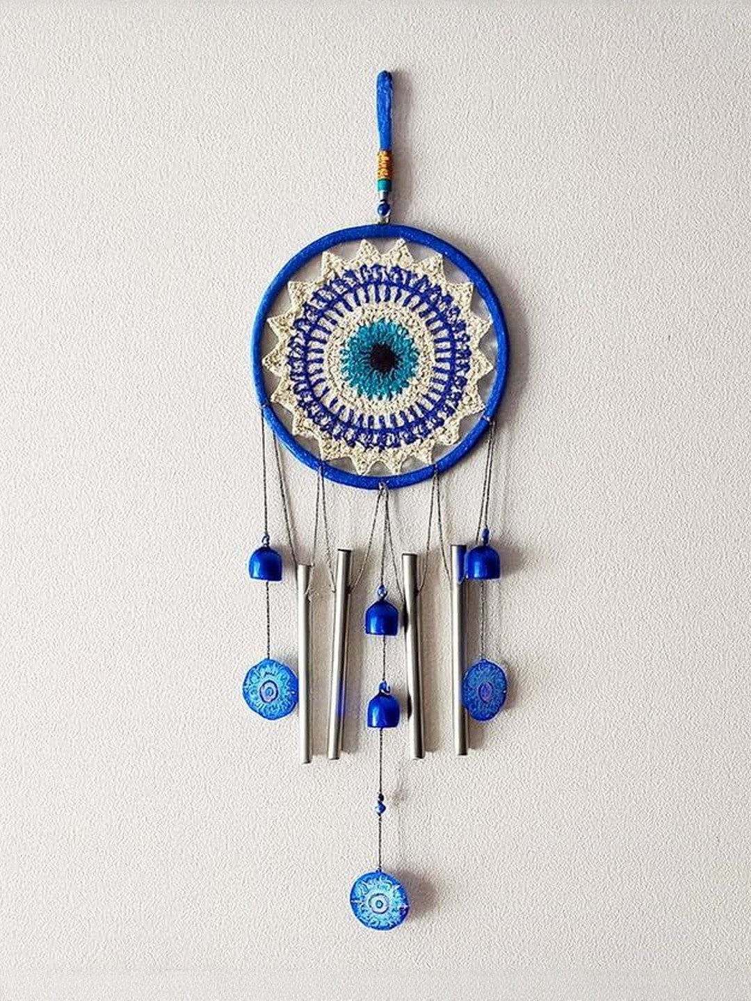 Go Hooked Blue Evil Eye Dreamcatcher Wind Chime with Bells 64cm Wall Hanging Decor