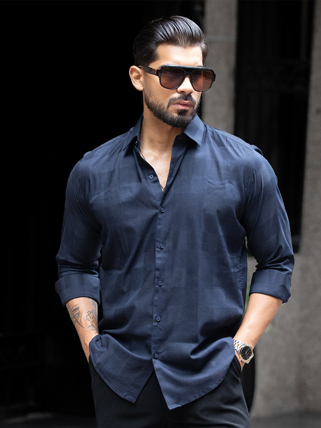 Urban Scissors Checked Spread Collar Comfort Long Sleeves Cotton Shirt