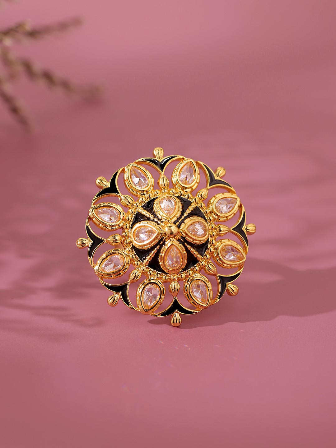 Voylla Gold-Plated American Diamond Stone-Studded Gota Patti Mandala Pushp Finger Ring
