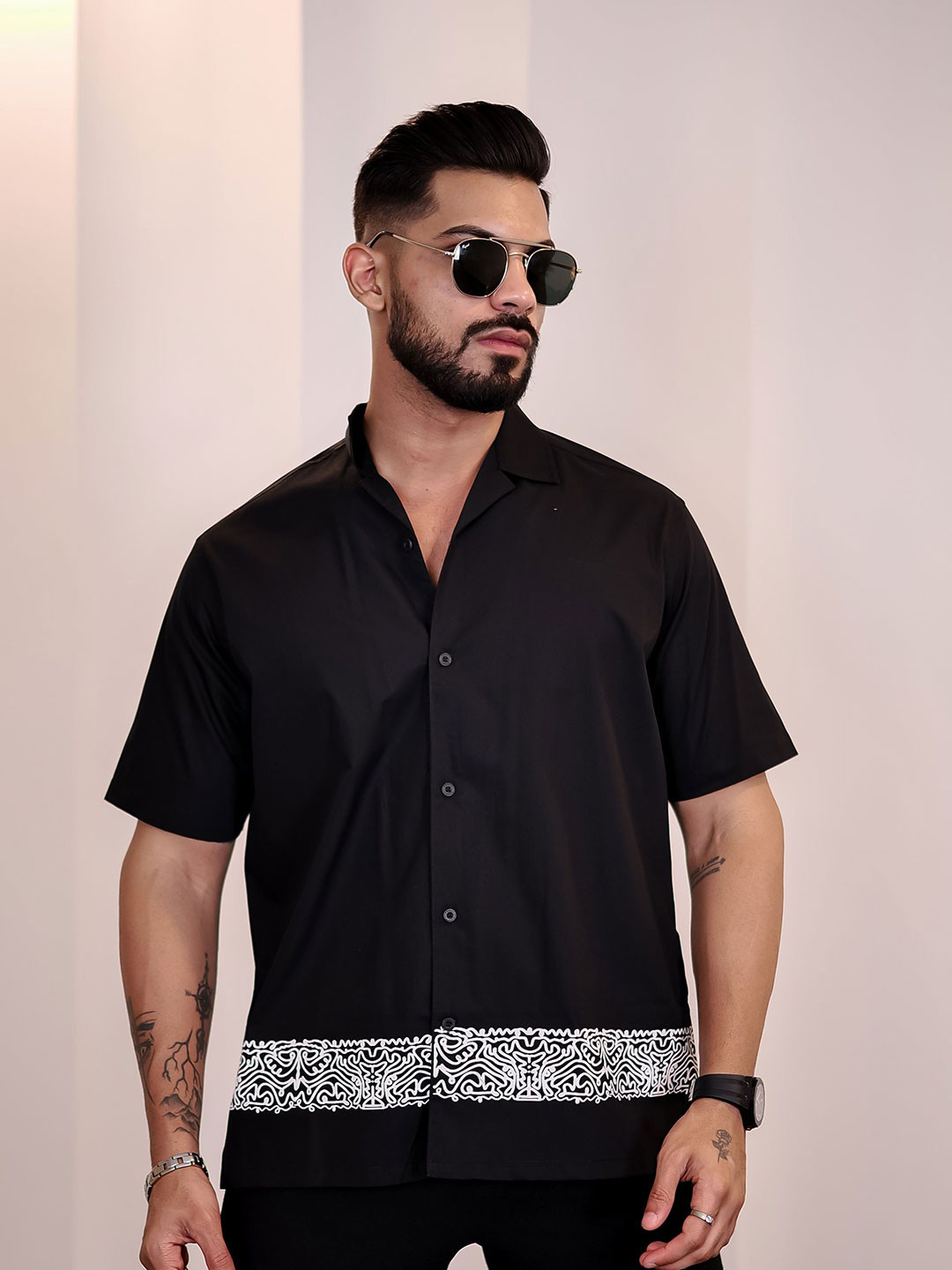 Eszett Congruent Abstract Printed Cuban Collar Pure Cotton Shirt