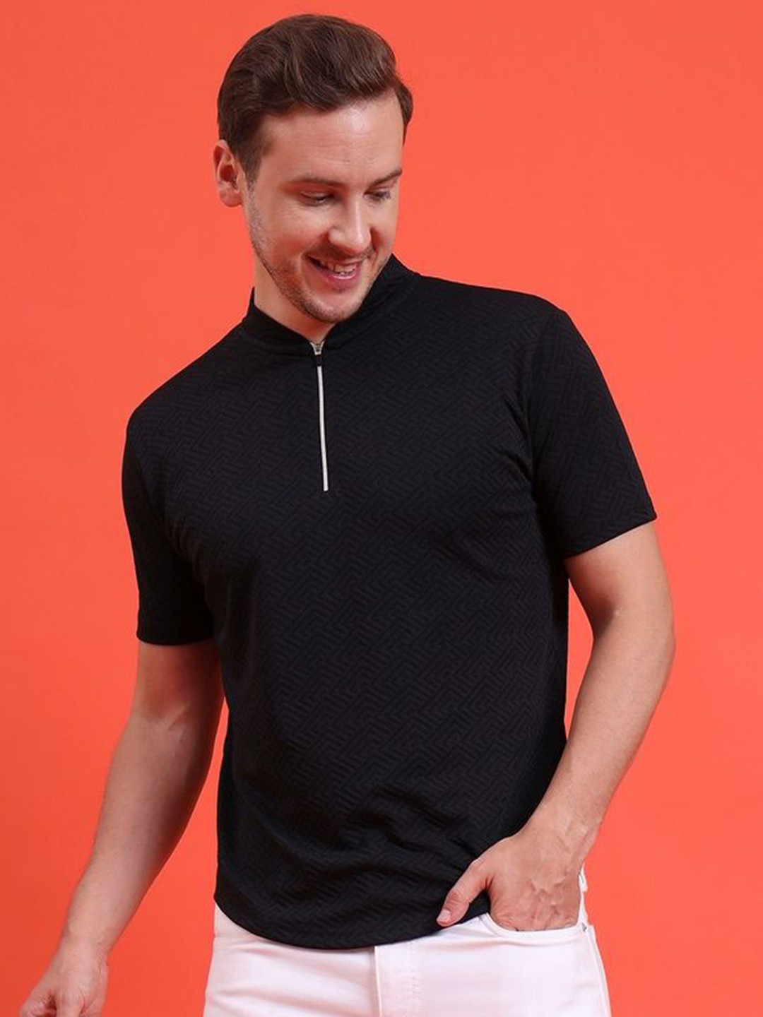 EPPE Men Mandarin Collar Tee Casual Wear Half Sleeve Polyester Textured T-shirt