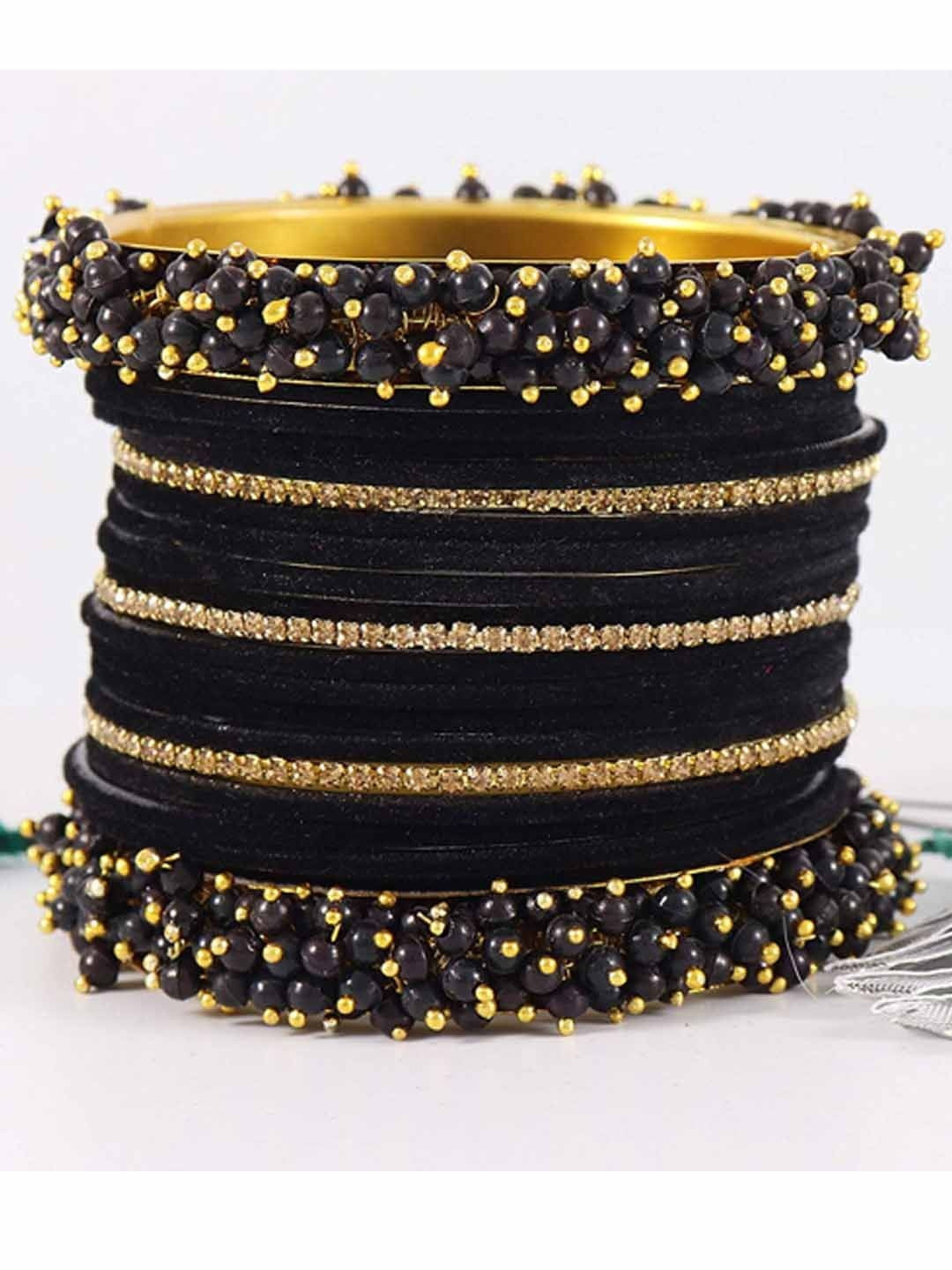 ZULKA Women Black Pack of 42 Metal Bangles with White Pearls & Zircon Diamonds
