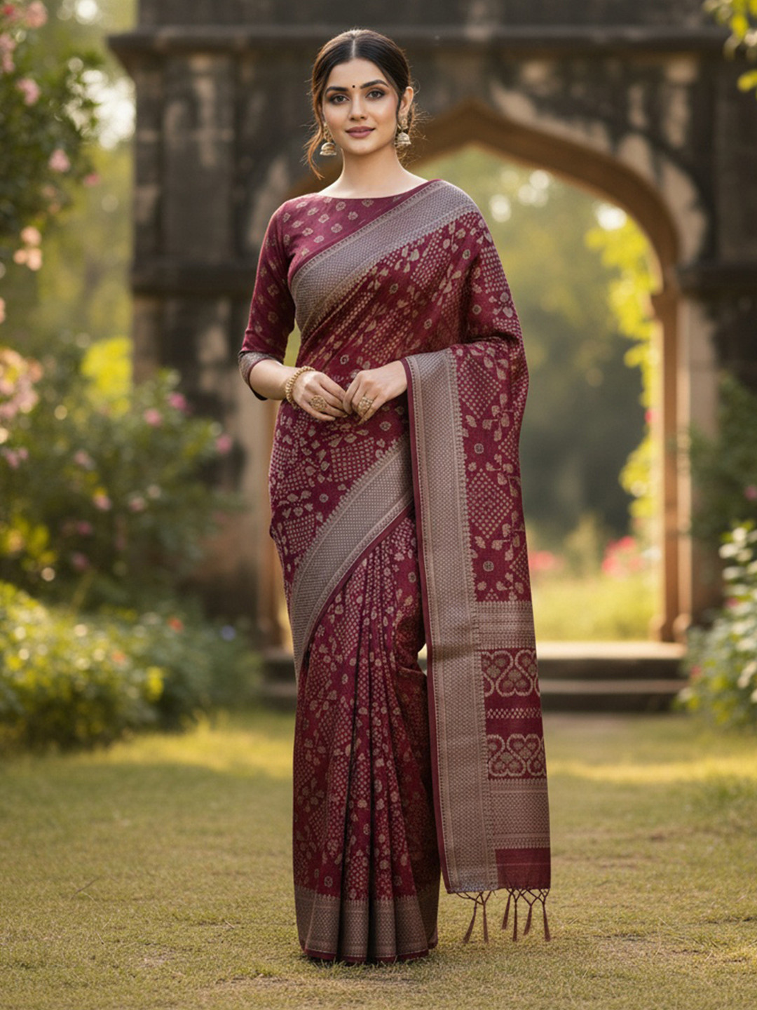 Peachmode Ikkat Printed Cotton Silk Saree