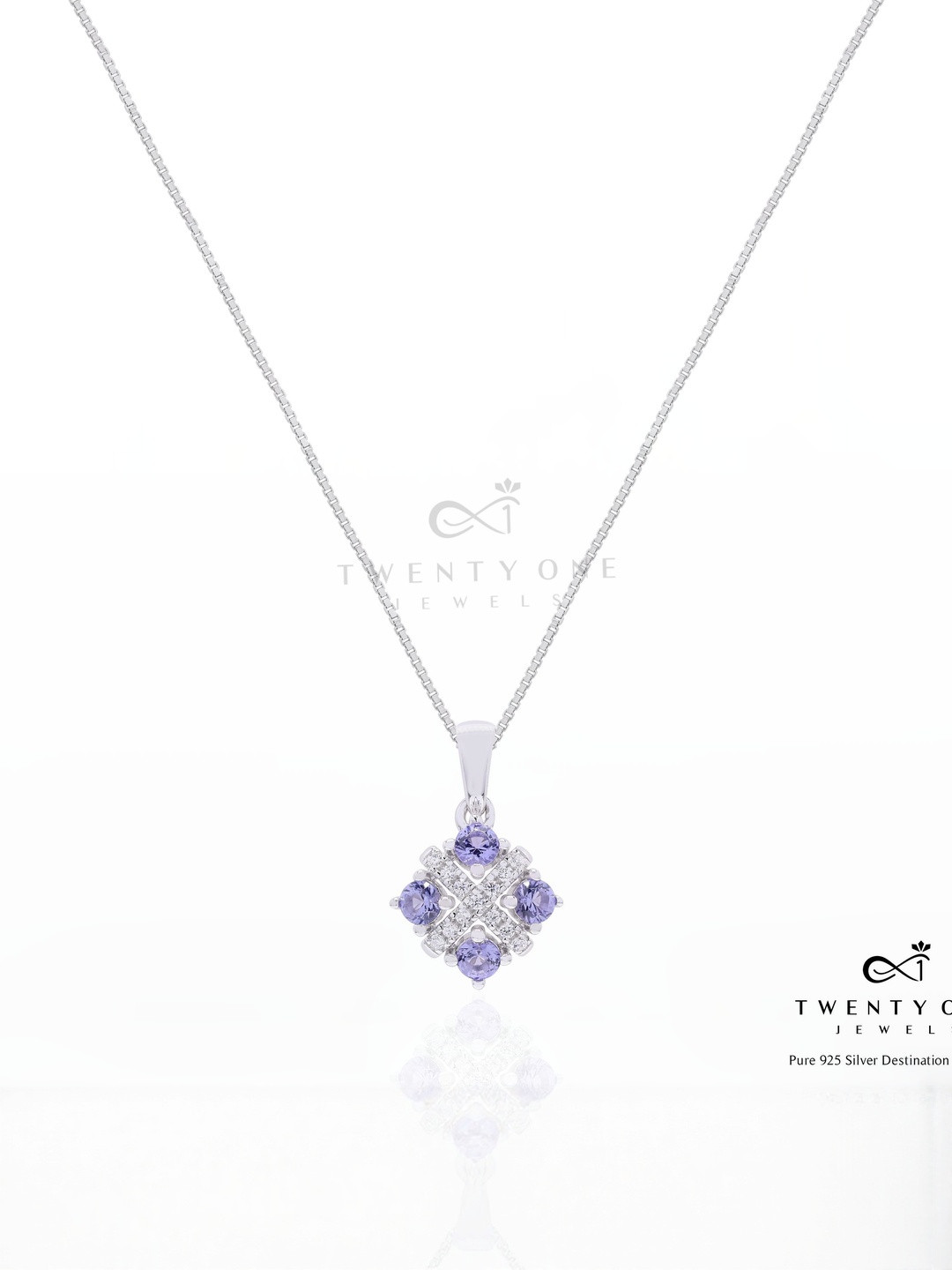 Twenty One Jewels 925 Silver Rhodium-Plated Amethyst-Studded Jewellery Set