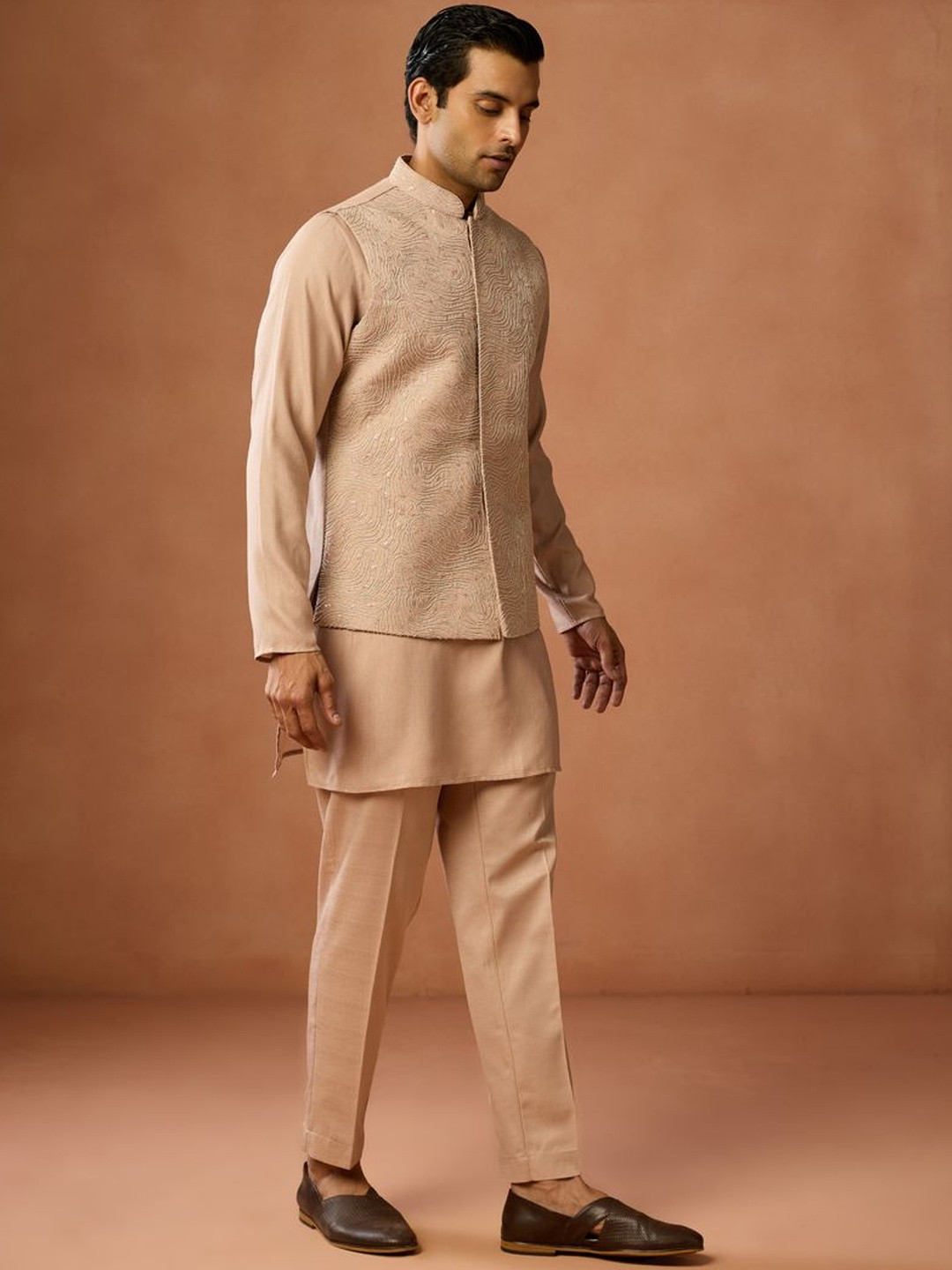 KISAH Beige Men Mandarin Collar Long Sleeves Straight Kurta with Trousers With Jacket