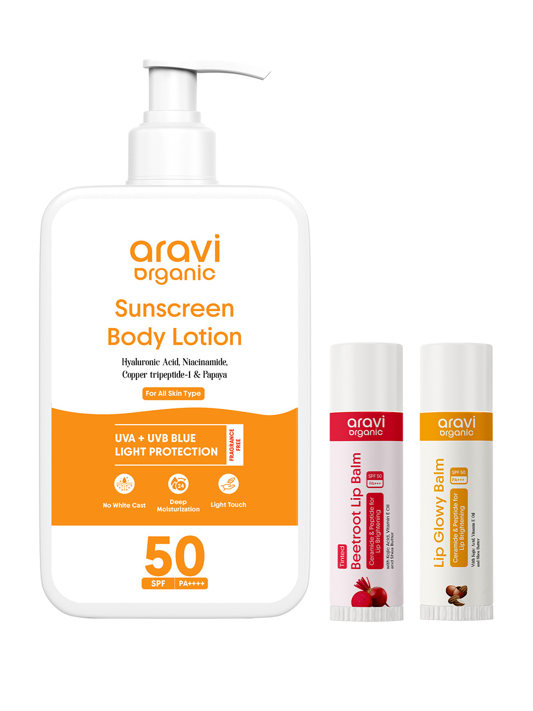 Aravi Organic Set Of 3 Sunscreen Body Lotion With SPF 50- 200 ml & Lip Balm- 5 g Each