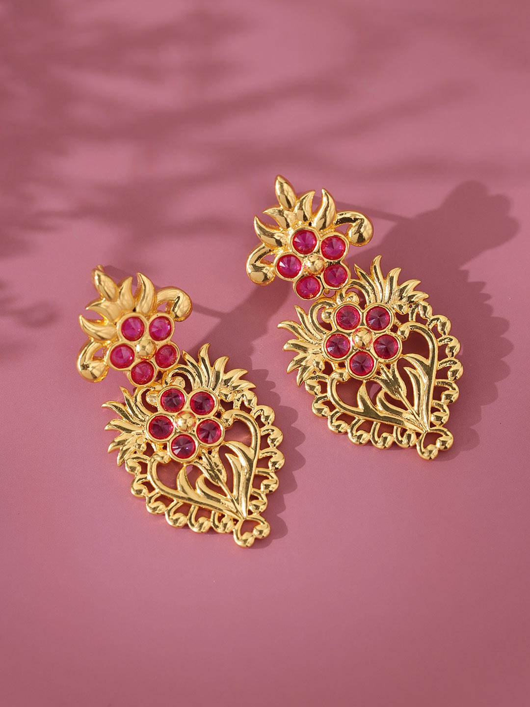 Voylla Women Ethnic Gold-Plated Floral Gota Patti Phoolra Zari Drop Earrings