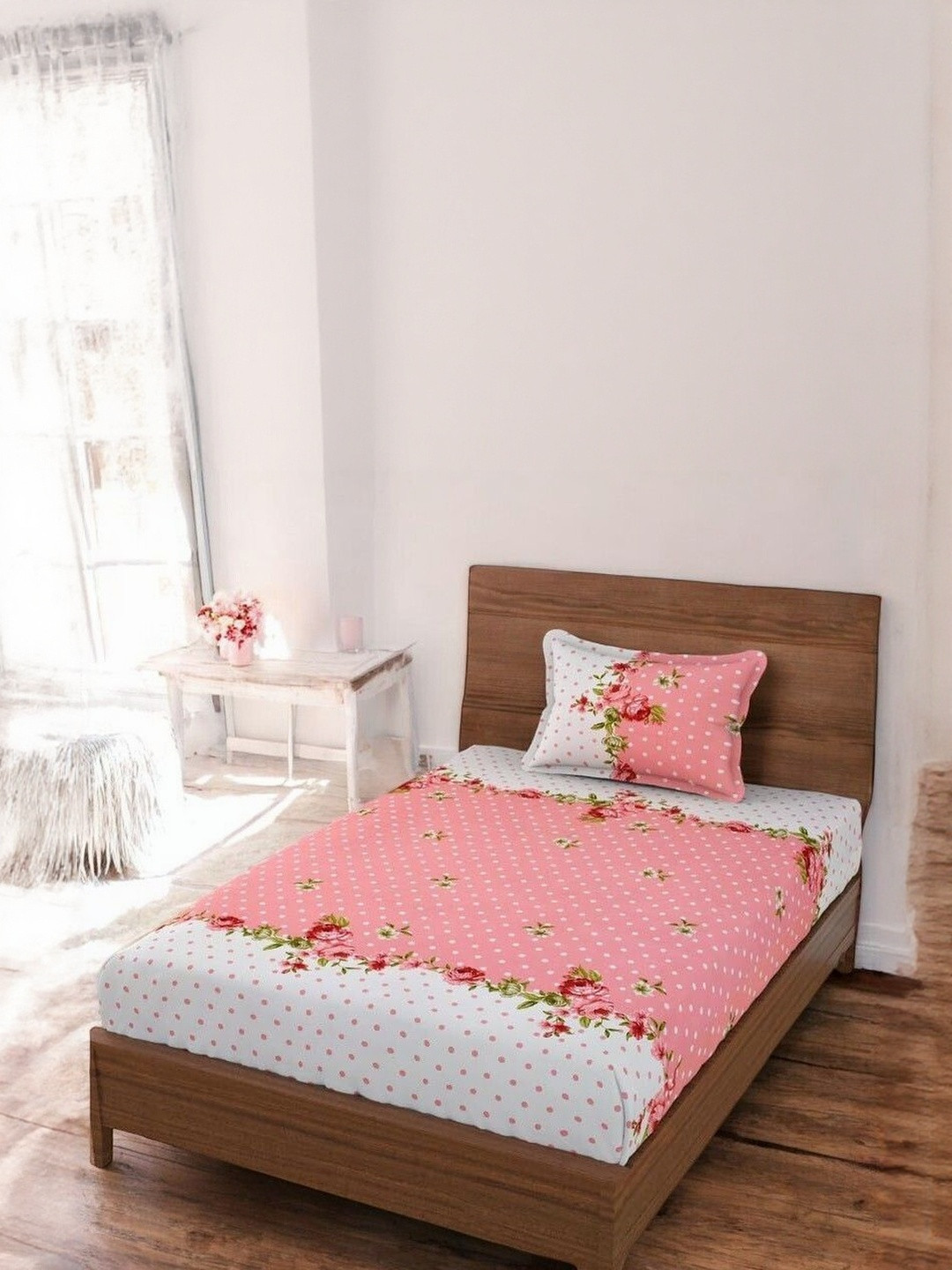 WELLNEST Floral Printed 110TC Cotton Single Bedsheets with Pillow Cover