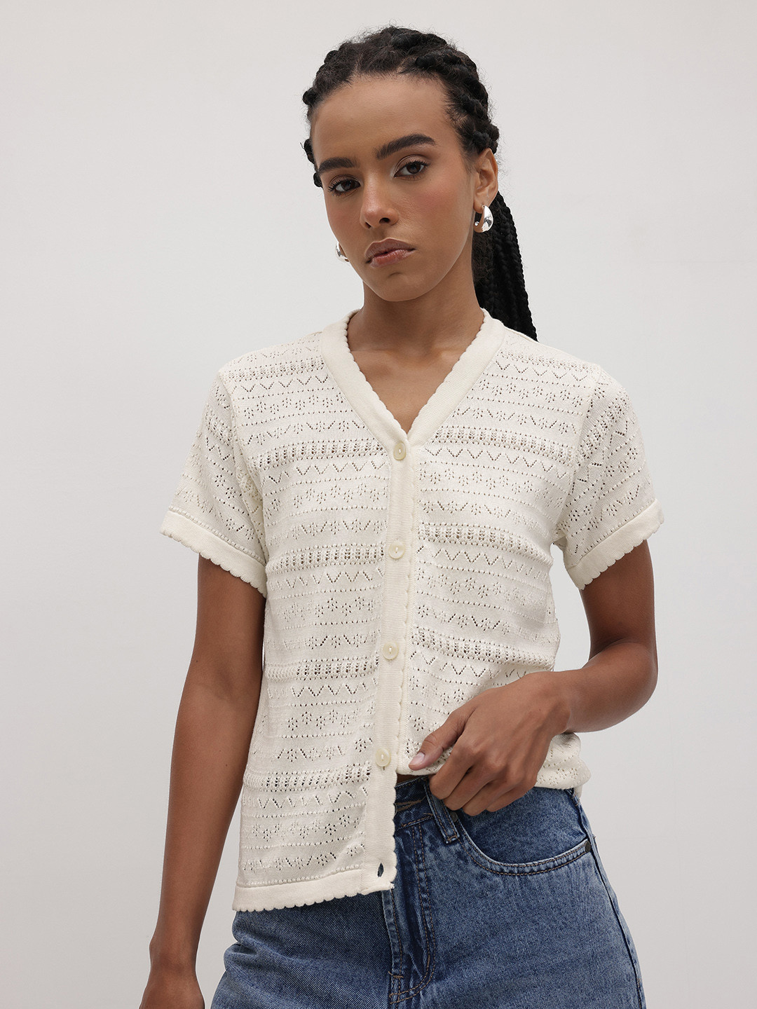 The Roadster Life Co. Open Knit Self Design Button Down Shirt Style Top