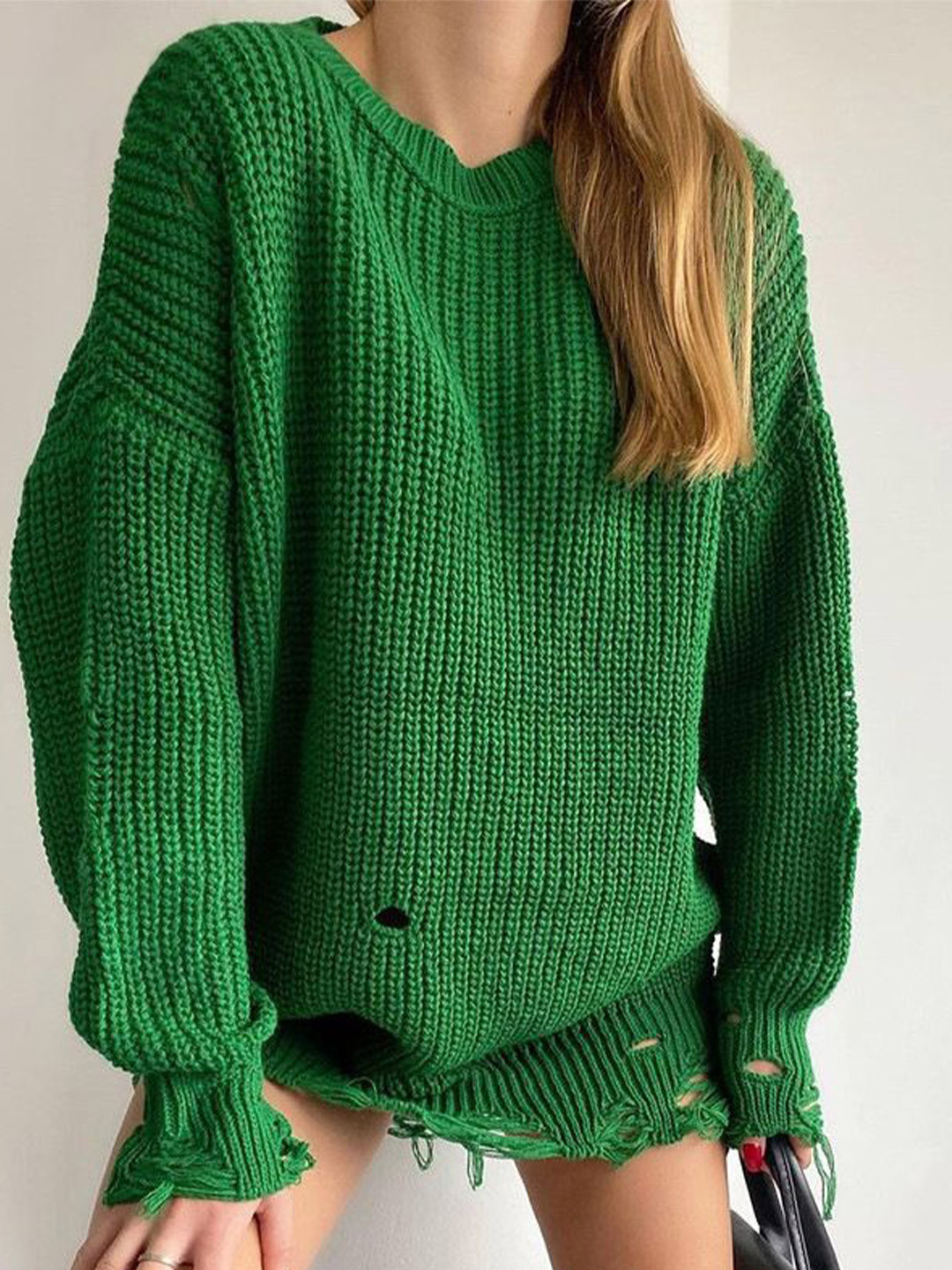 StyleCast Women Cable Knit Self Design Oversized Longline Distressed Knit Pullover Sweater