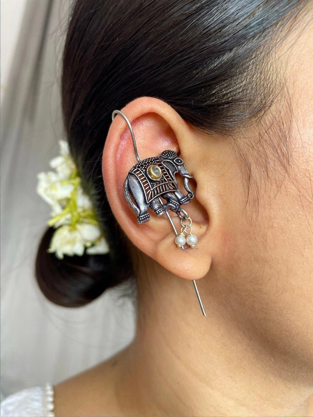 ISHKAARA Silver-Plated Pearls Beaded Oxidised Elephant Ear Cuffs