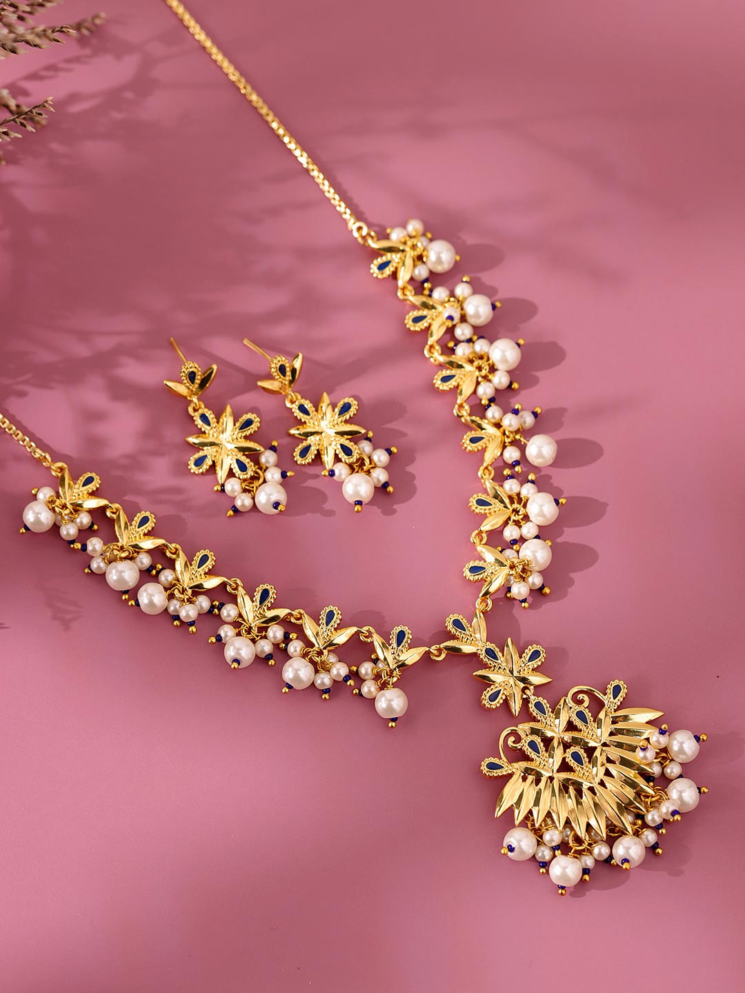 Voylla Gold-Plated Pearls Beaded Gota Patti Shahi Guldaasta Jewellery Set