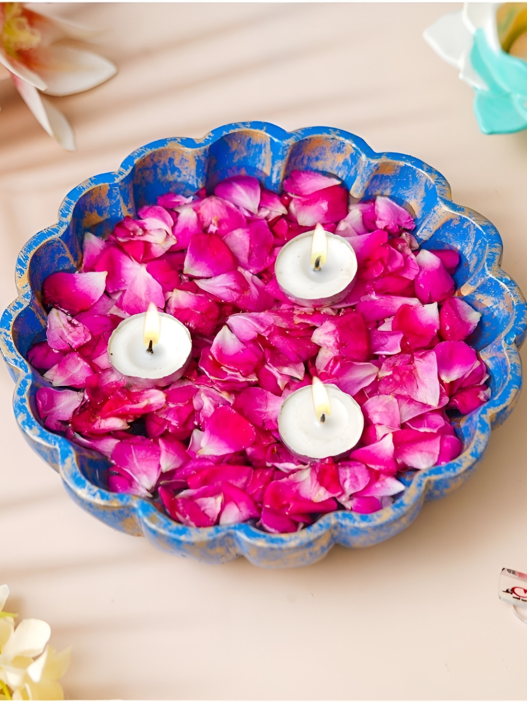 eCraftIndia Blue Flower Urli Decorative Bowl With Candle Holder