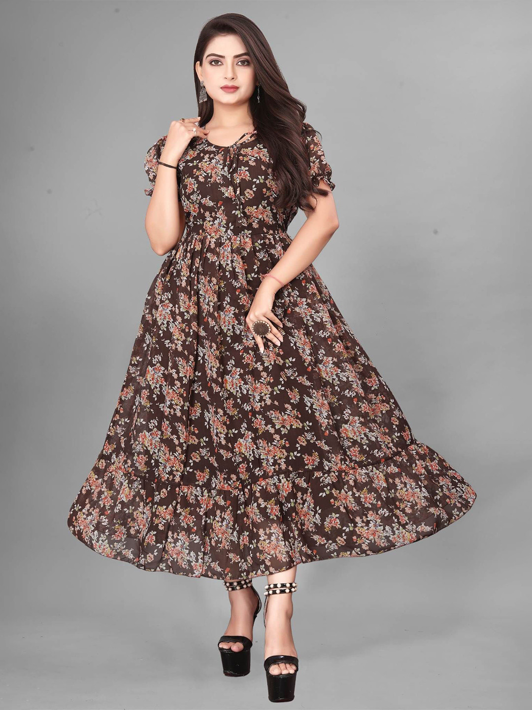 QENA WQomen Floral Printed Tie-Up Neck Puff Sleeve Fit & Flare Midi Dress