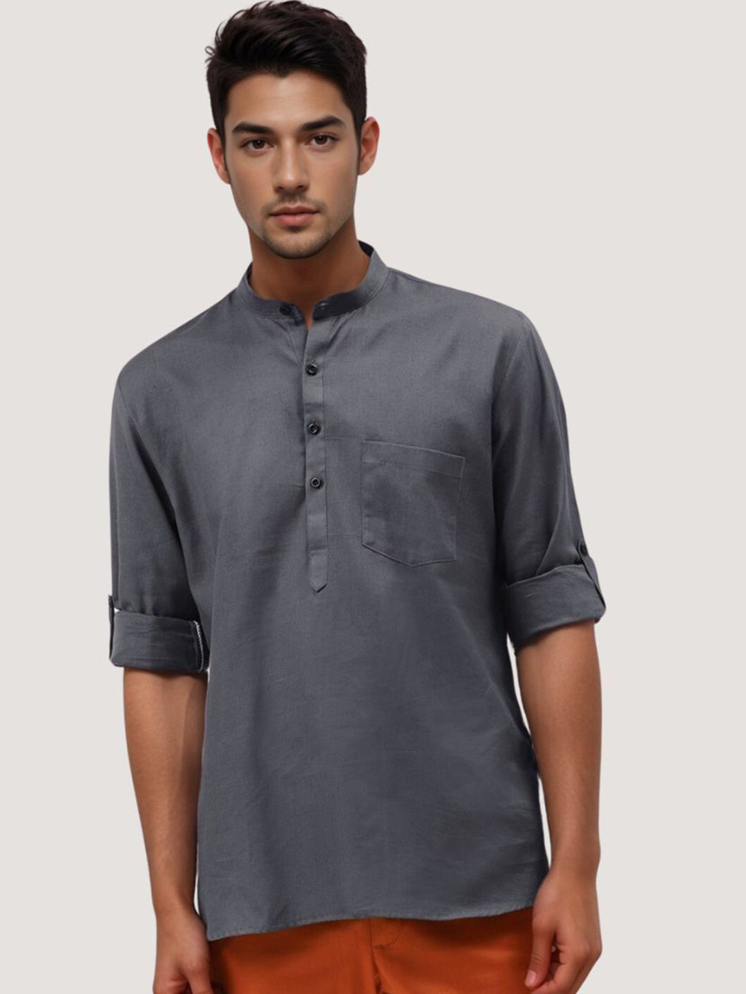 Ajaybaldaniya Men Band Collar Roll-Up Sleeves Kurta