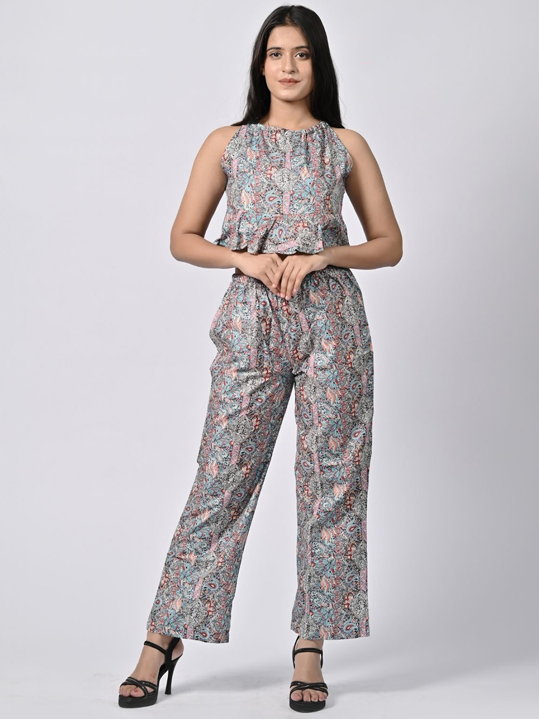BELLE NOOR Silver Chic Floral Printed Crop Sleeveless Top & Pants Set
