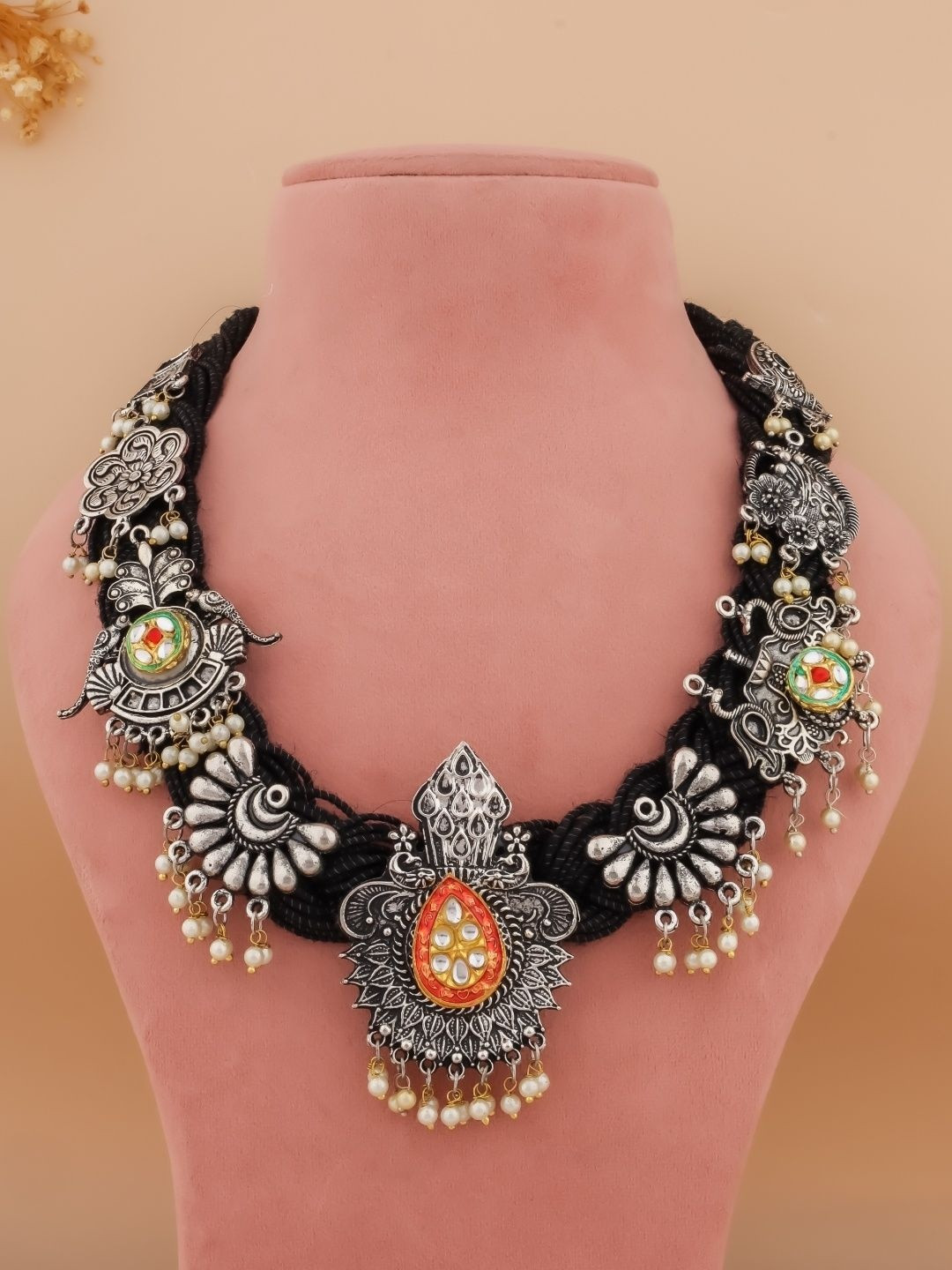 THE NAKHRA STORE Silver-Plated Oxidised Kundan Studded & Beaded Statement Necklace