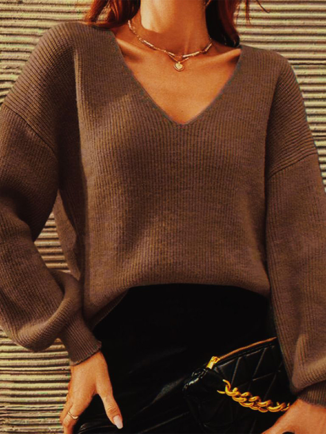 StyleCast Women Ribbed V-Neck Balloon Sleeve Pullover Sweater