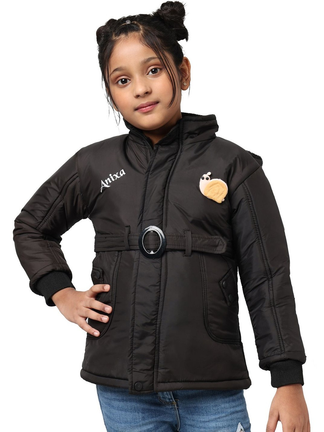 TRENDY WORLD Girls Solid Long Sleeves Belted Waist Hooded Jacket
