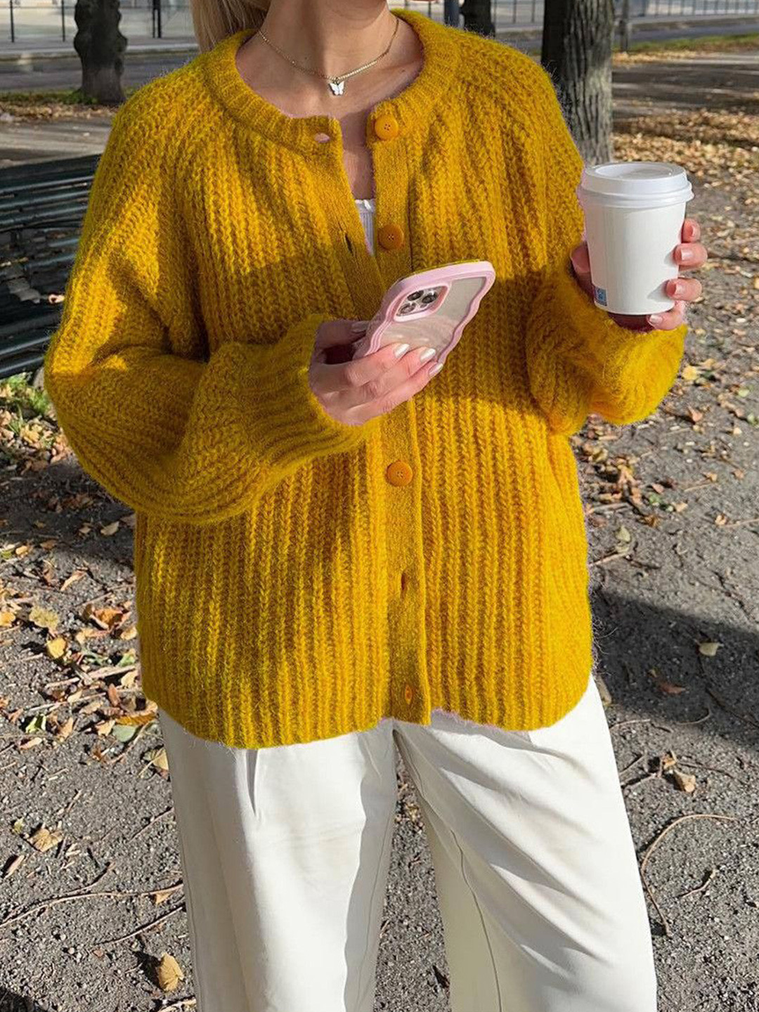 StyleCast Women Cable Knit Self Design Round Neck Button-Up Cardigan