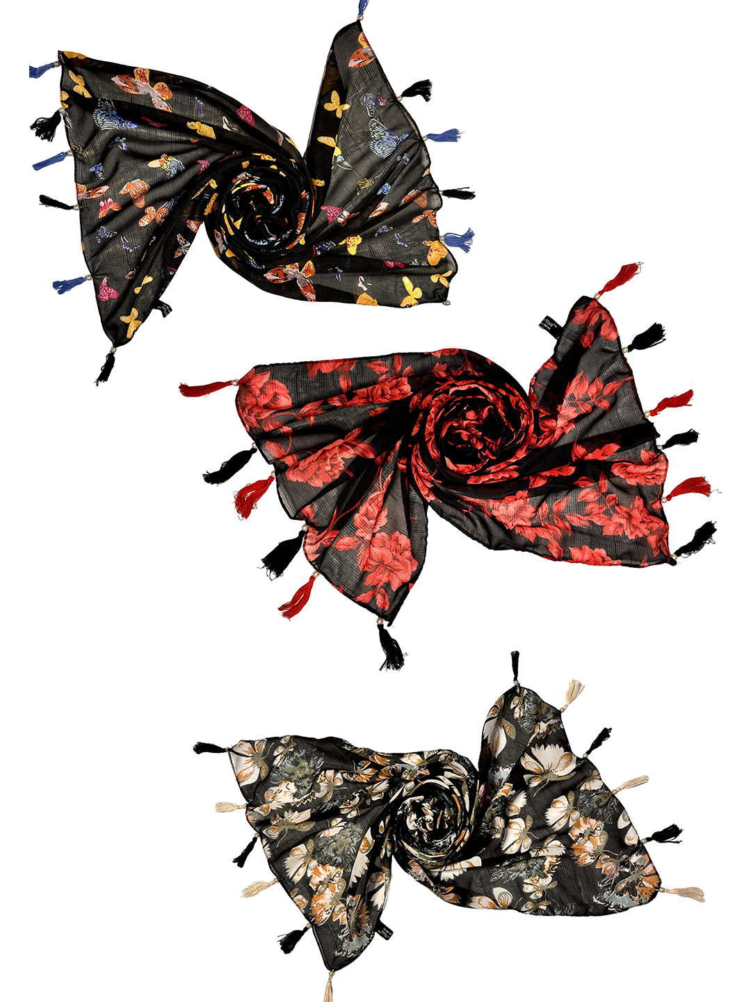 POSHAMPAA be desi Women Pack of 3 Printed Scarves With Tasselled Border