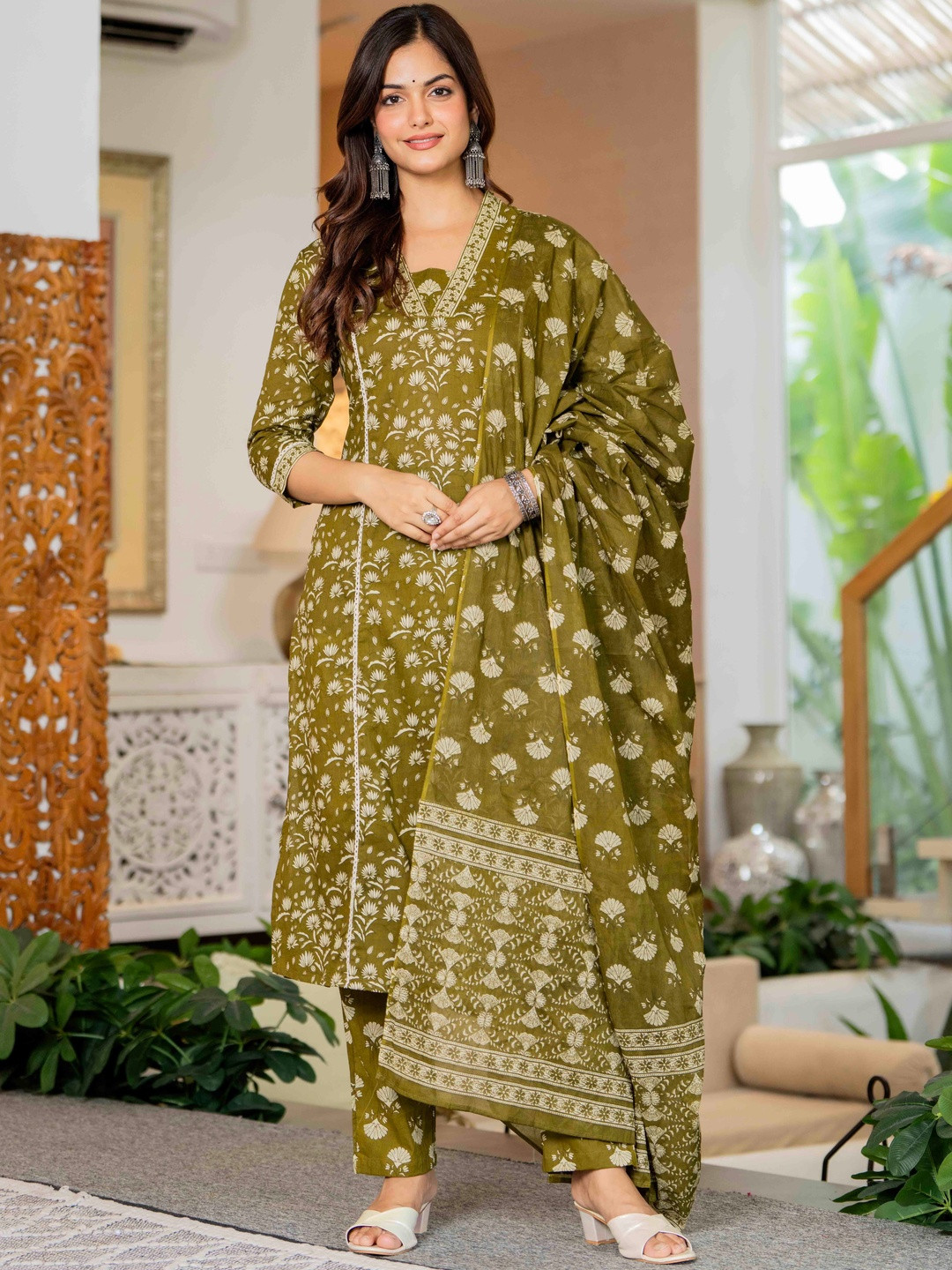 JAIMINI Floral Printed Pure Cotton V-Neck A-Line Kurta With Trouser & Dupatta