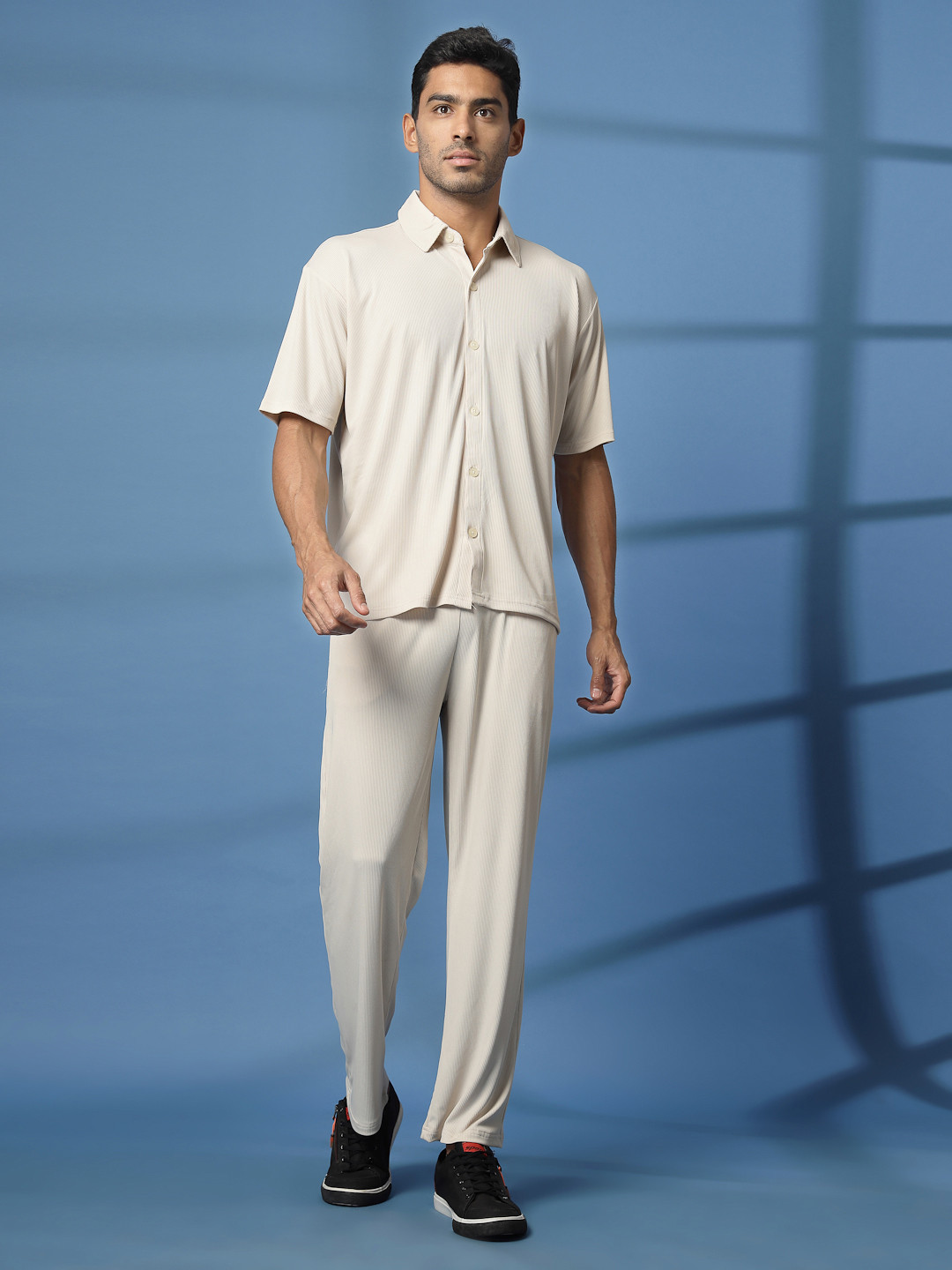 Roadster Men Solid Short Sleeve Shirt With Trousers Co-Ords Set