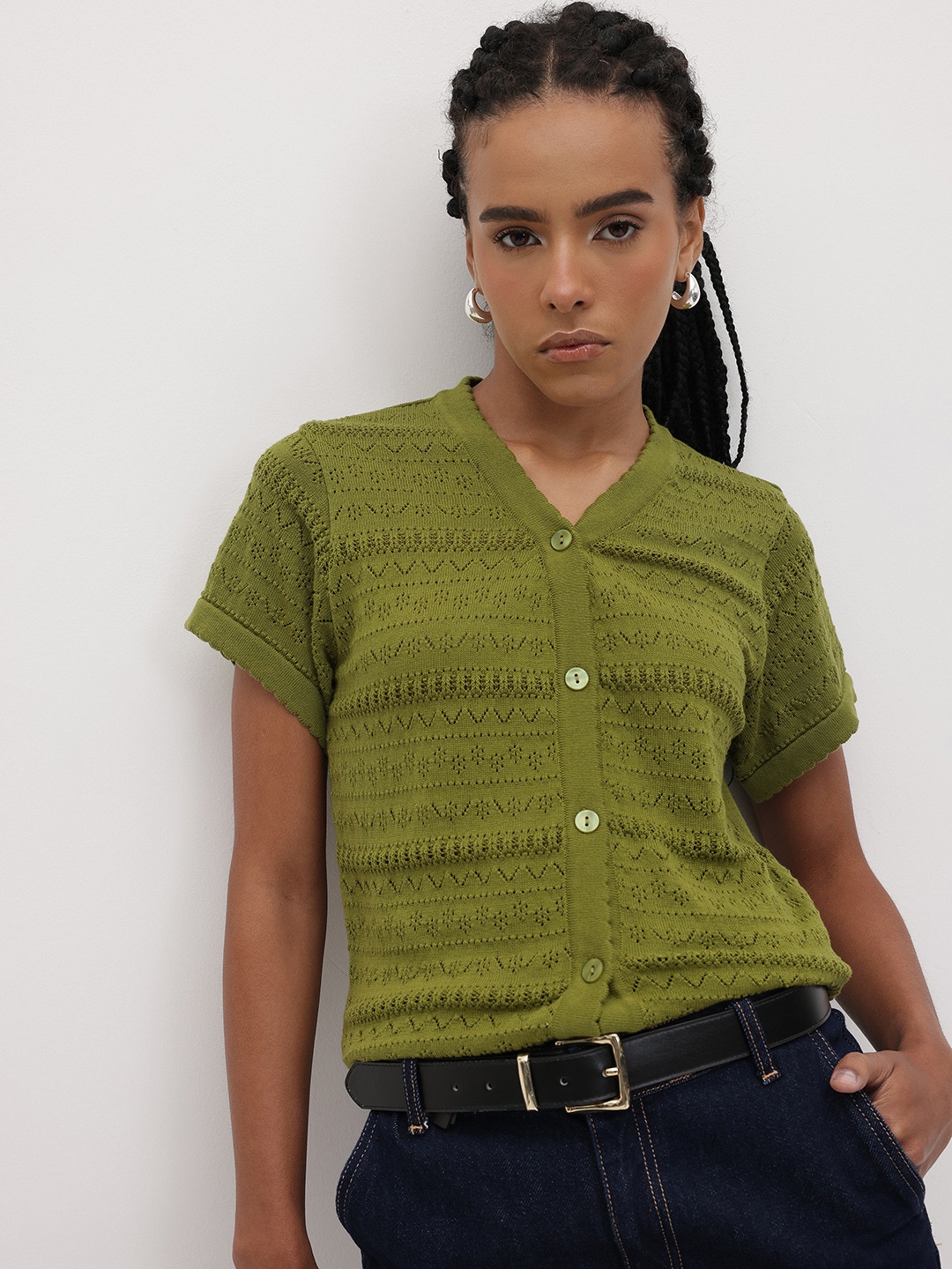 The Roadster Life Co. Open Knit Self Design Button Down Shirt Style Top