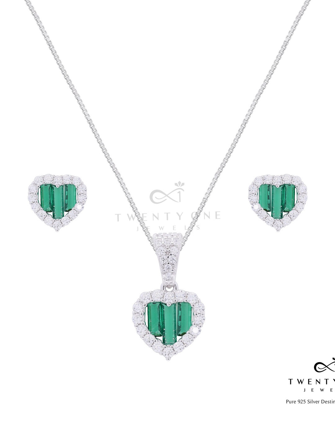 Twenty One Jewels 925 Silver Rhodium-Plated Emerald & AD-Studded Jewellery Set