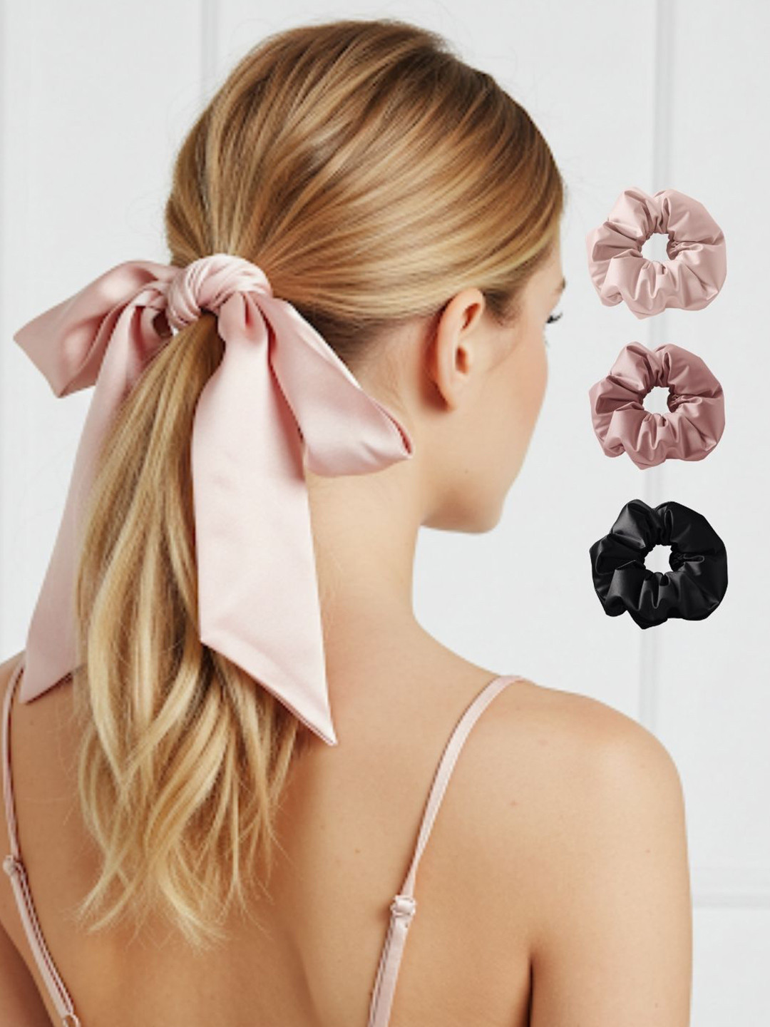 Mueras Women Satin Silk Scrunchie Hair Ribbon with 3 Satin Scrunchies Combo