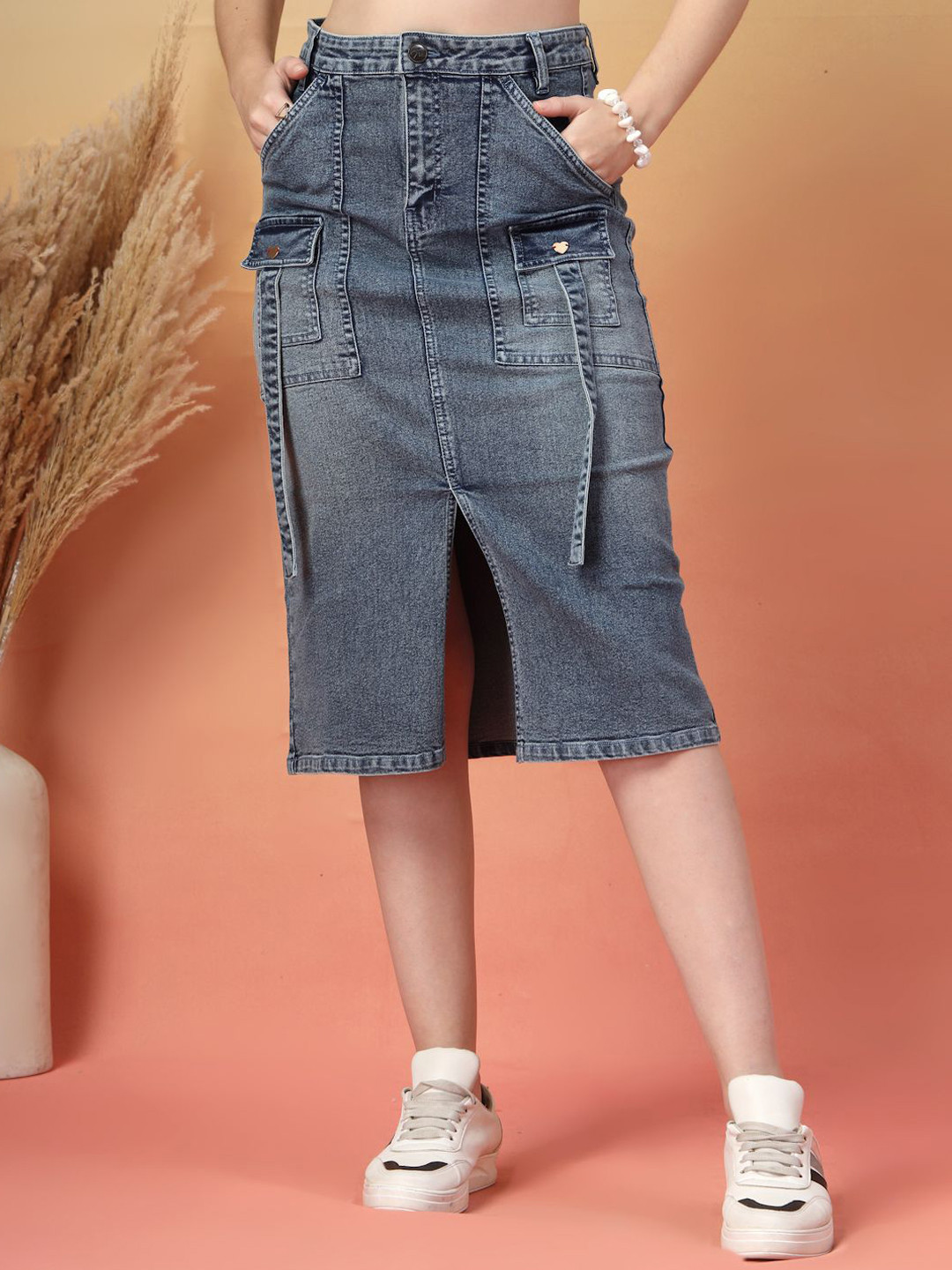 COSMIC TRIO Washed A-Line Denim Utility Pocket Knee-Length Skirts