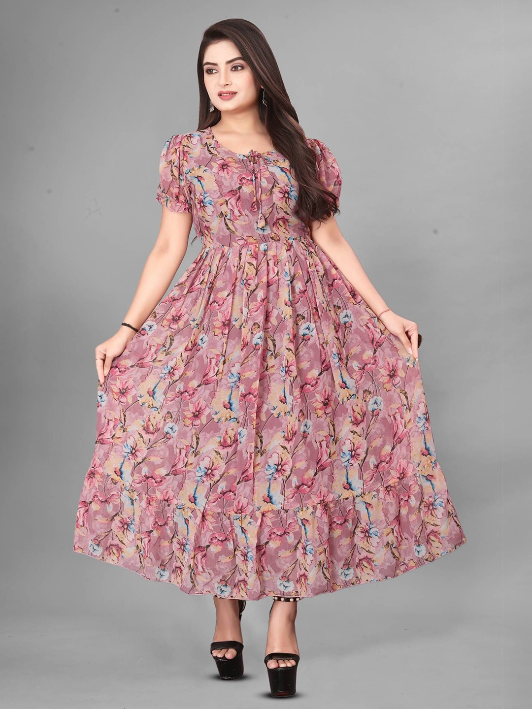 QENA Floral Print Fit & Flare Tie-Up Neck Gathered or Pleated Midi Dress