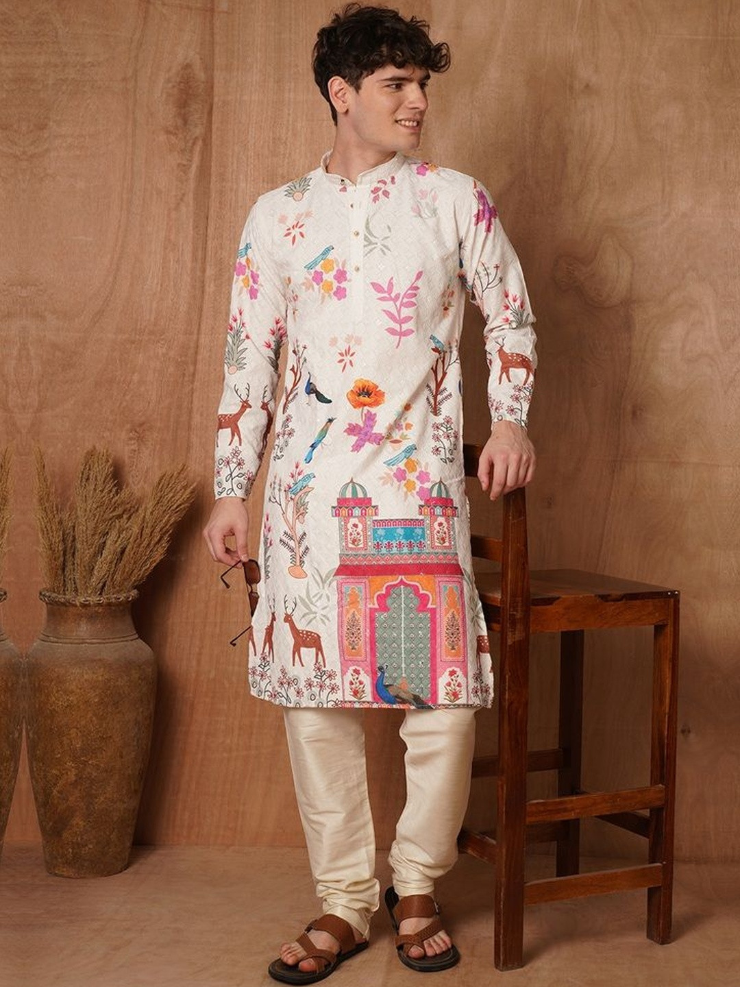 TRYBUY.IN Men Ethnic Motifs Printed Chikankari Pure Cotton Kurta with Churidar