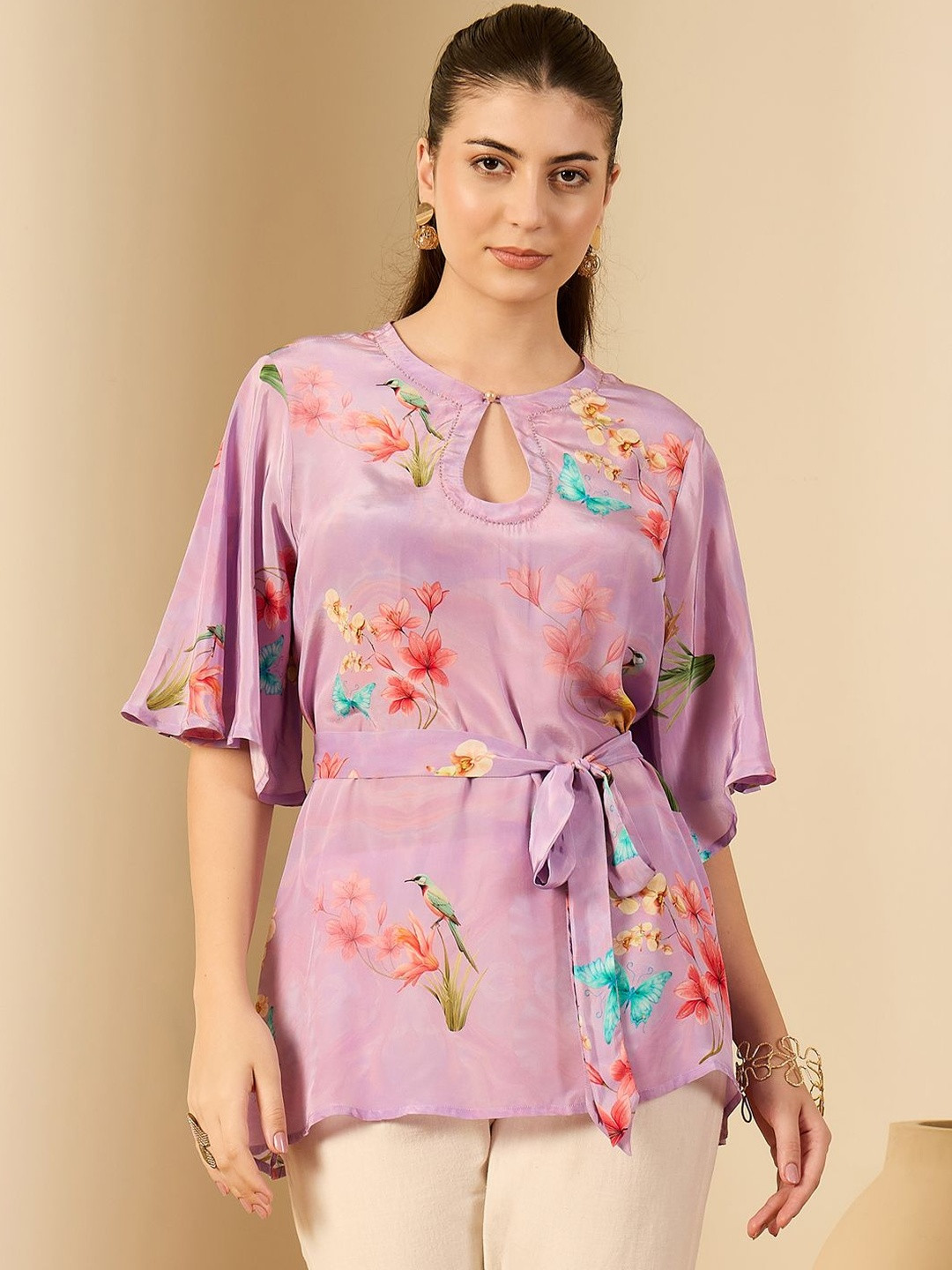 First Resort by Ramola Bachchan Women Floral Print Keyhole Neck Flared Sleeve Crepe Top